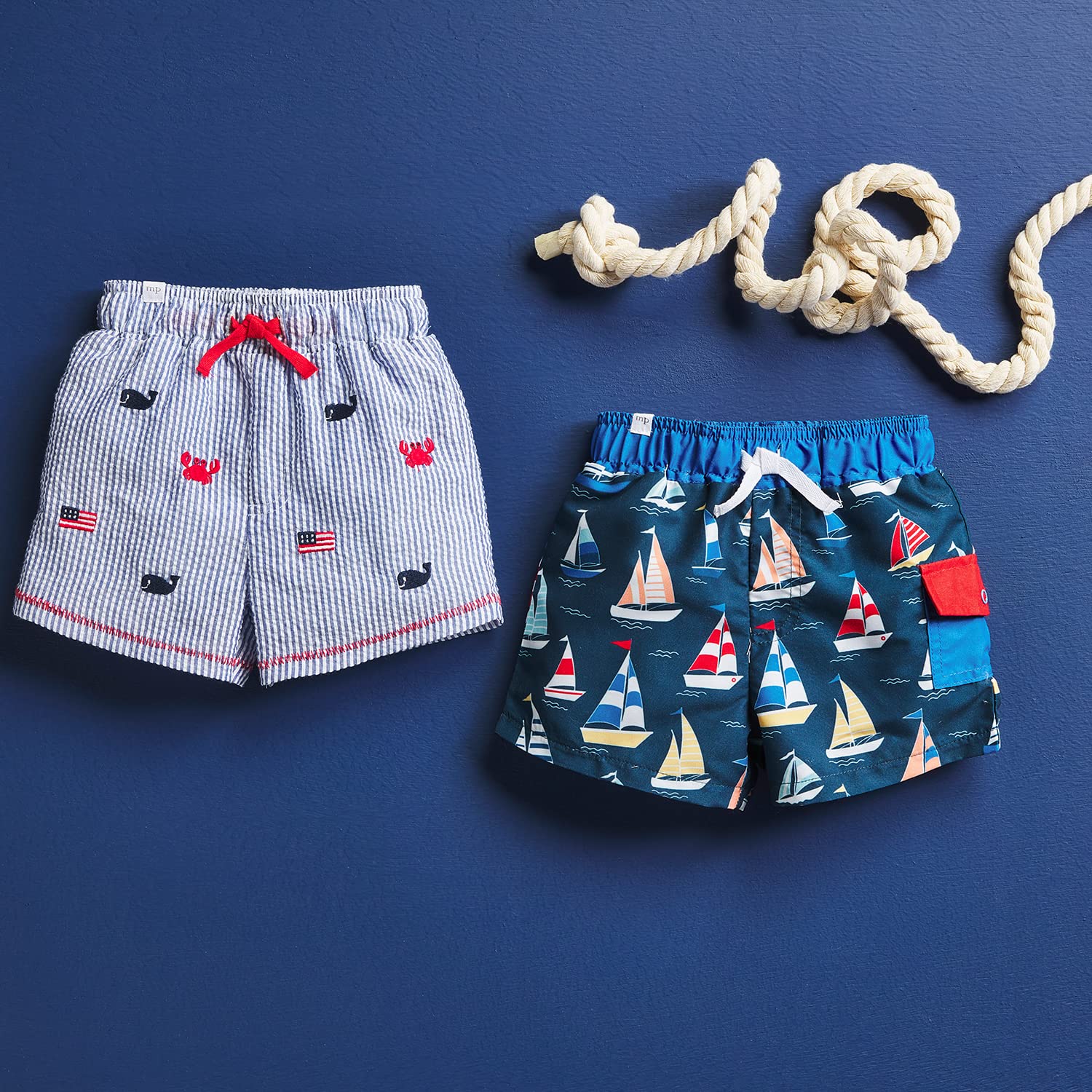 Mud Pie Boys Seersucker Swim Trunks for Kids - Quick Dry, UPF 50+ Sun Protection - Nautical Sailboat Design - Perfect for Beach, Pool & Summer Vacations