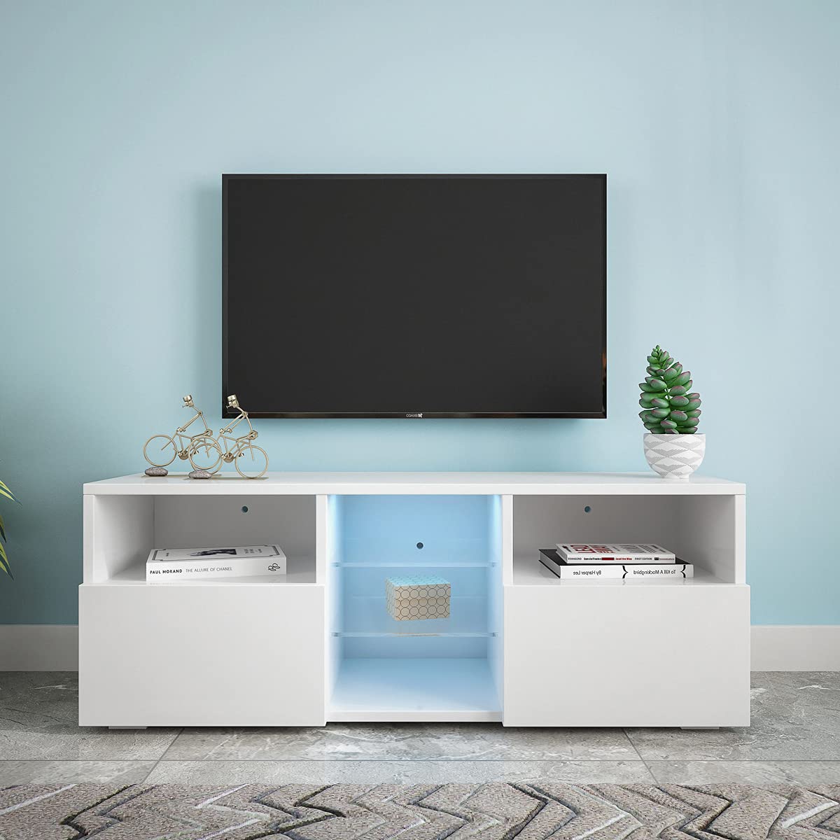 Minimalist Modern TV Stand with 20-Color LED Lights - White Entertainment Center for Living Room, Bedroom & Home Theater Setup