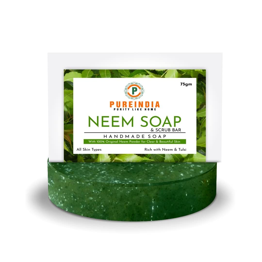 PUREINDIA Handmade Neem Scrub Bar for Acne & Skin Care - Pack of 3 | Natural Neem Petals & Oil | No Synthetic Fragrance | Facial & Body Cleansing Bar for Acne, Pimples, Rashes | Perfect for Daily Skincare Routine & Sensitive Skin Treatment