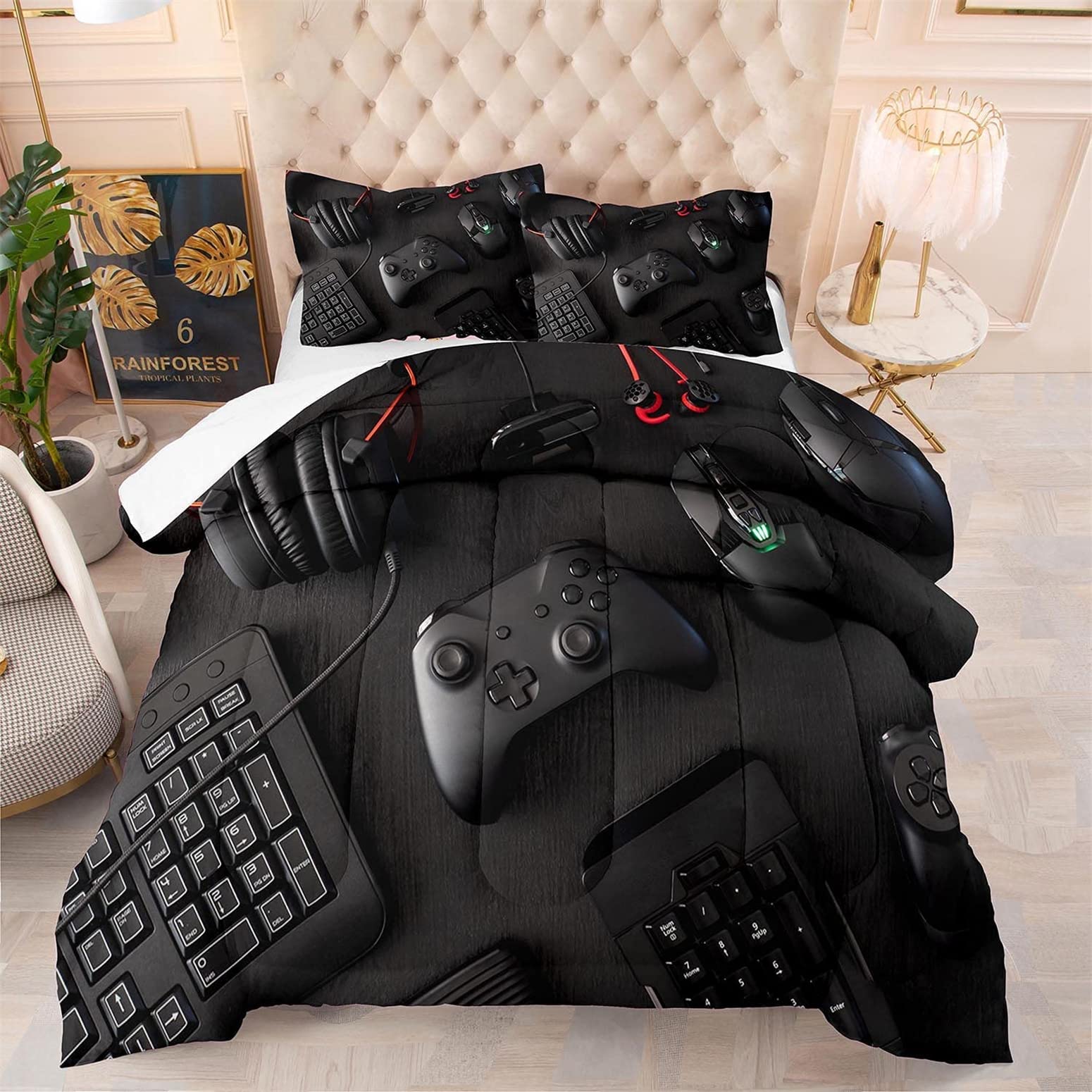 Black Gaming Comforter Set for Boys & Teens - 1 Comforter + 2 Pillowcases for Bedroom