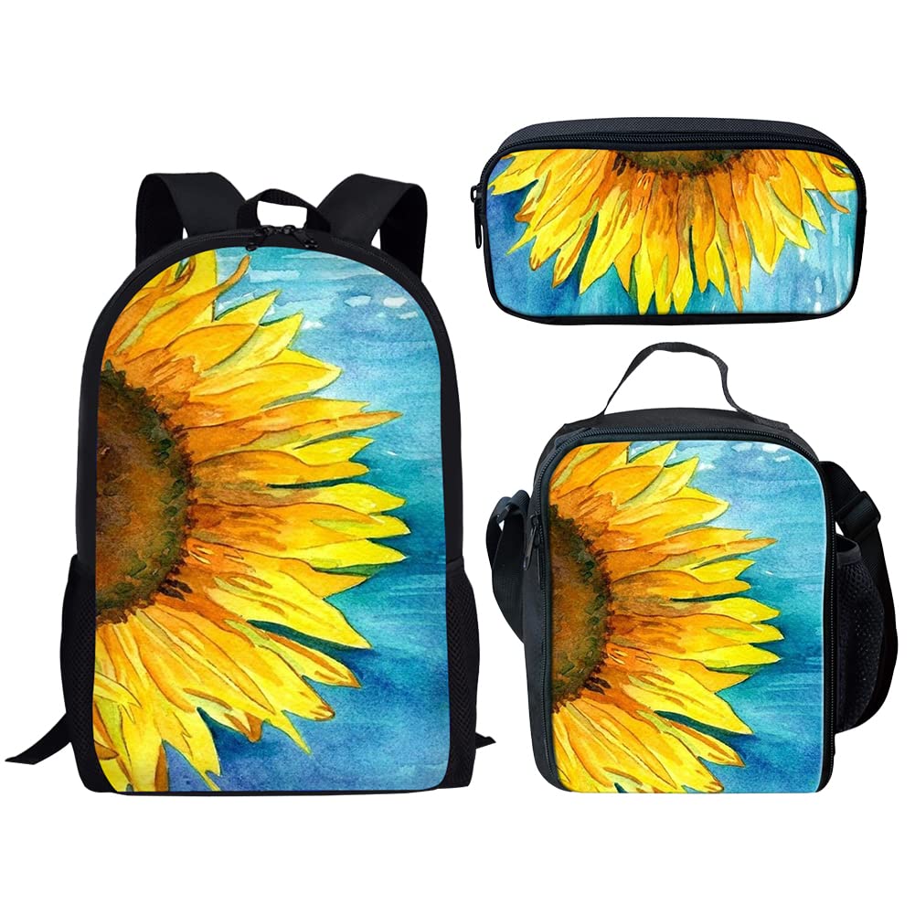 Bulopur Sunflower School Backpack Set for Teens - 3-Piece Watercolor Floral Bookbag with Lunch Box & Pencil Case, Durable Back to School Rucksack for Girls & Boys | Perfect for Middle School, High School & College Students