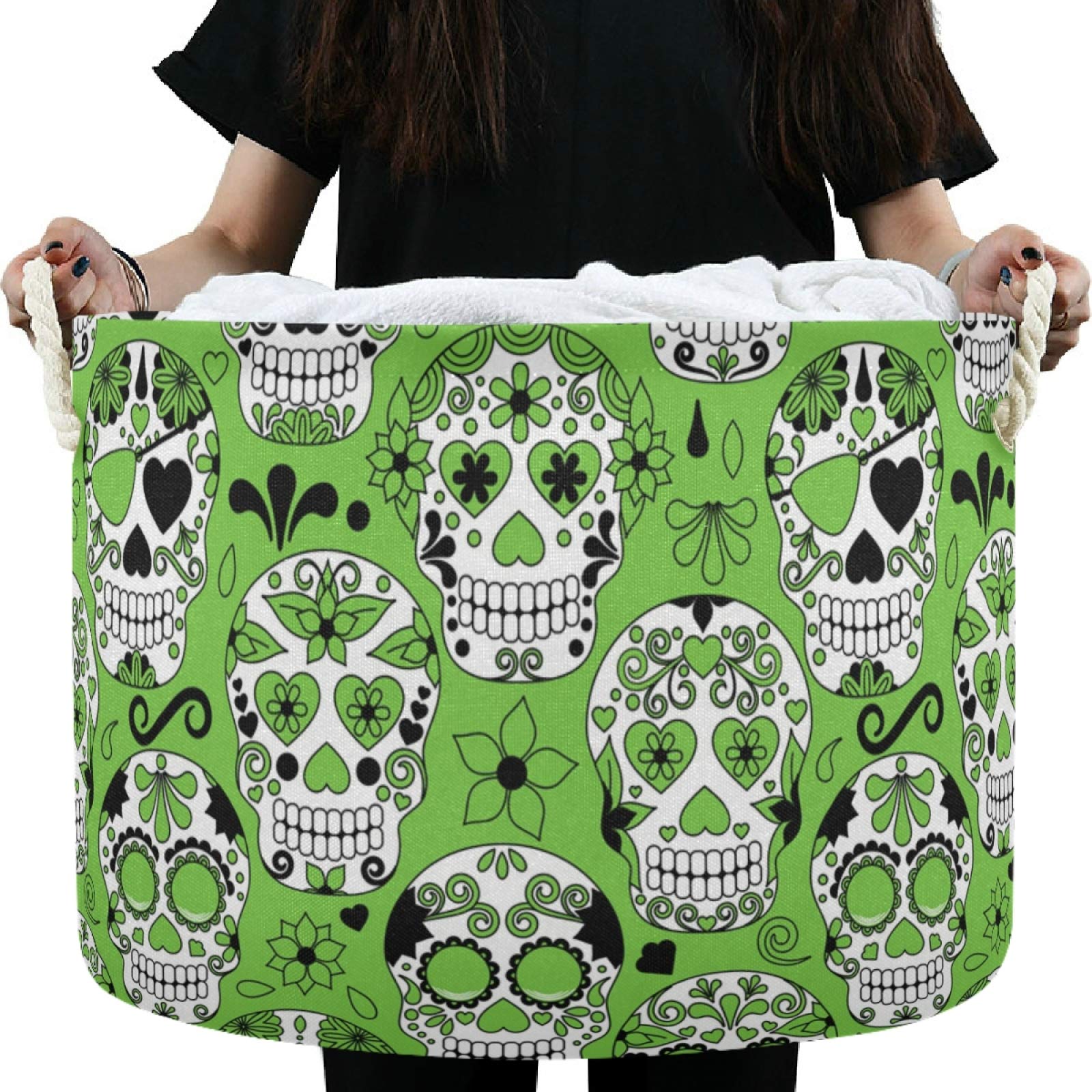 Visesunny Green Sugar Skull Canvas Storage Basket - Nursery Hamper, Toy Organizer Bin, Laundry Basket for Kids Room, Playroom, Shelves - Perfect for Organizing Toys, Clothes & Gifts