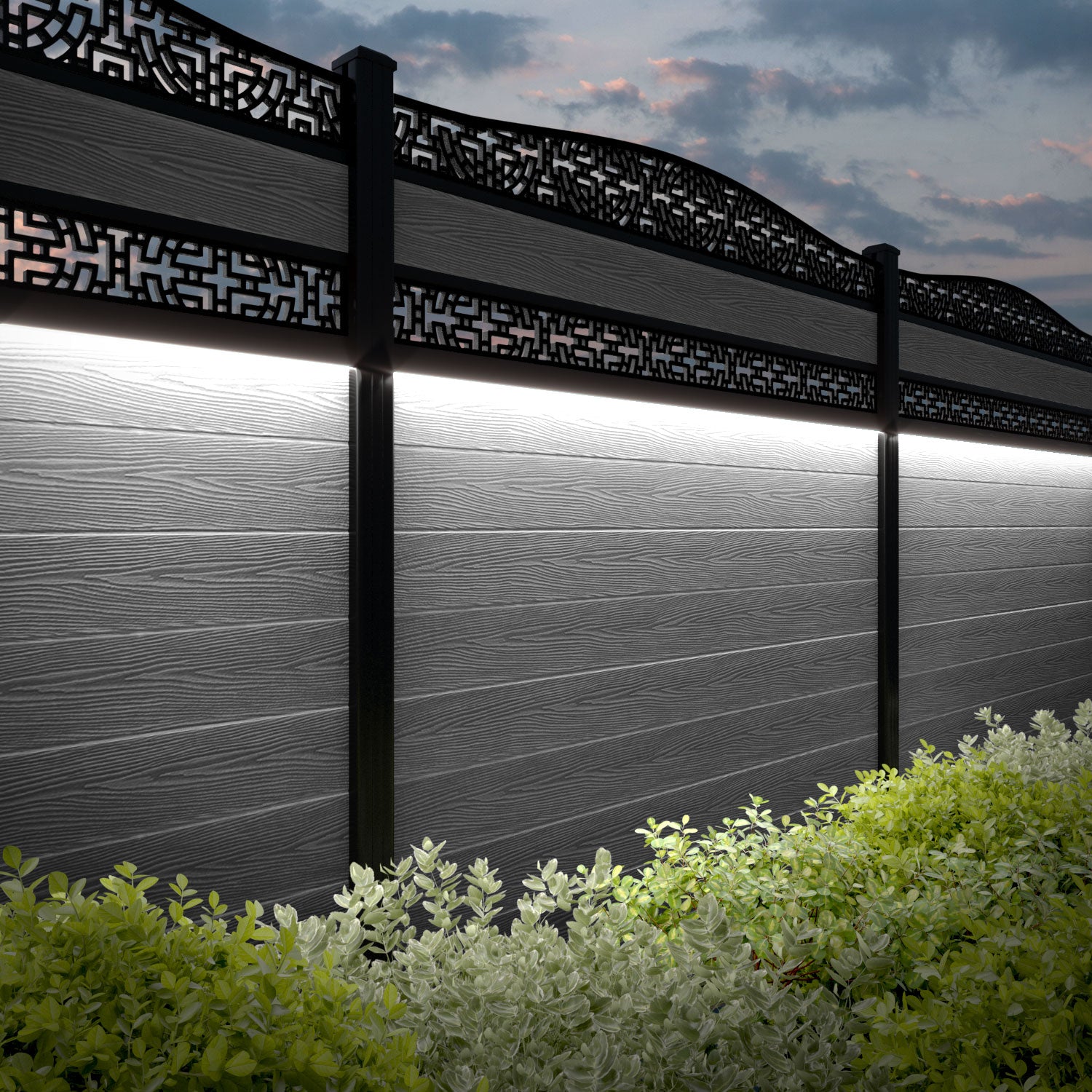 Classic Kumo Curved Top Split Screen Fence Panel - Light Grey Aluminum Privacy Fence with Sturdy Posts | Perfect for Backyard, Garden, and Patio Privacy Screening
