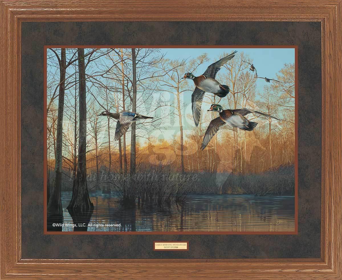 Premium Wood Ducks Art Print - High-Quality Wildlife Wall Decor for Home & Office | Early Morning Nature Scene