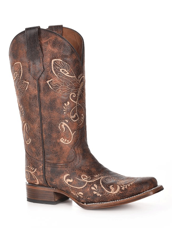 Circle G L5079 Women's Brown Bone Dragonfly Embroidery Square Toe Cowgirl Boots - Perfect for Western Rodeo, Country Dancing & Fashion Outfits