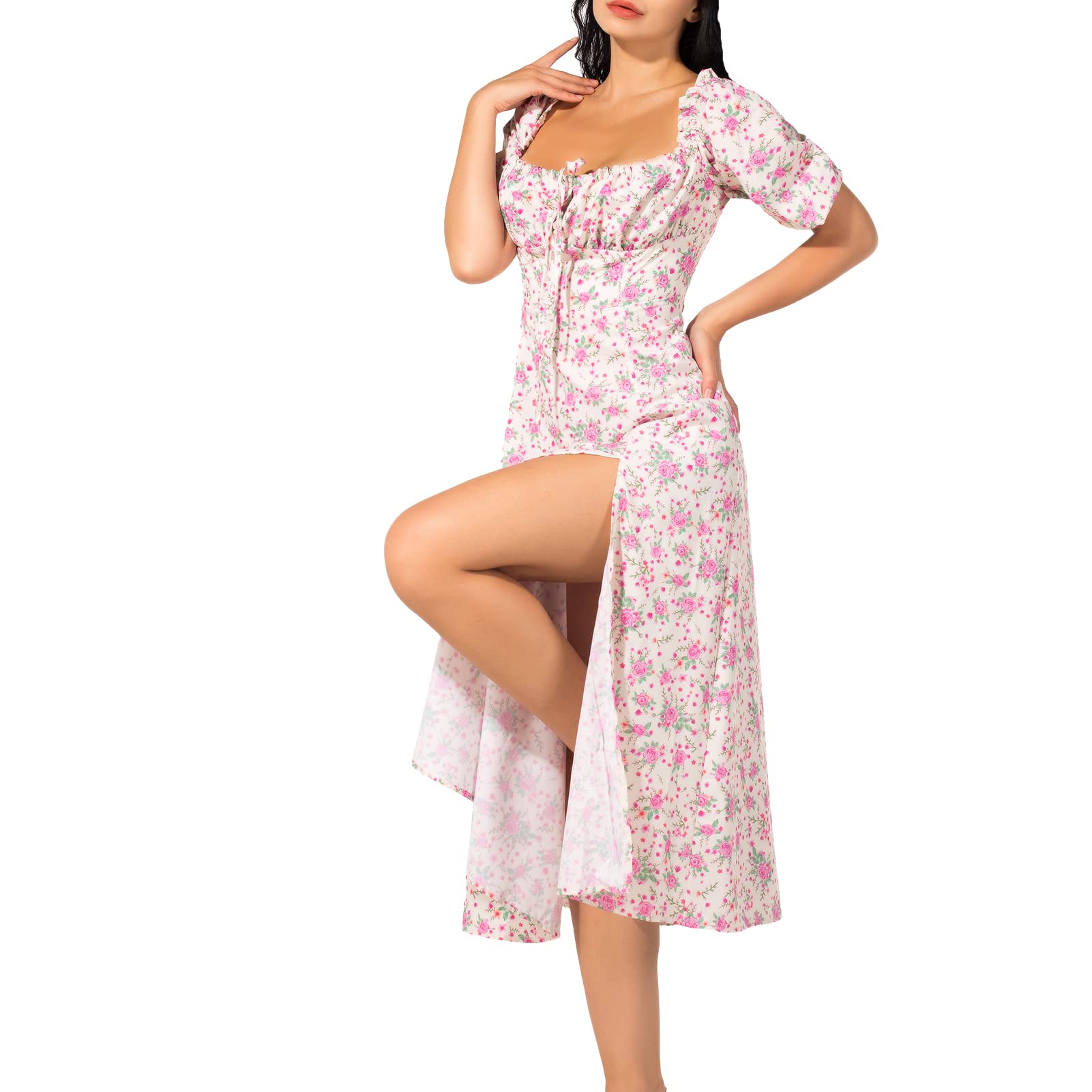 Boho Floral Maxi Dress for Women - Vintage Cottagecore Summer Wrap Dress with Square Neck & Ruffle Hem - Perfect for Beach, Vacation & Casual Outings
