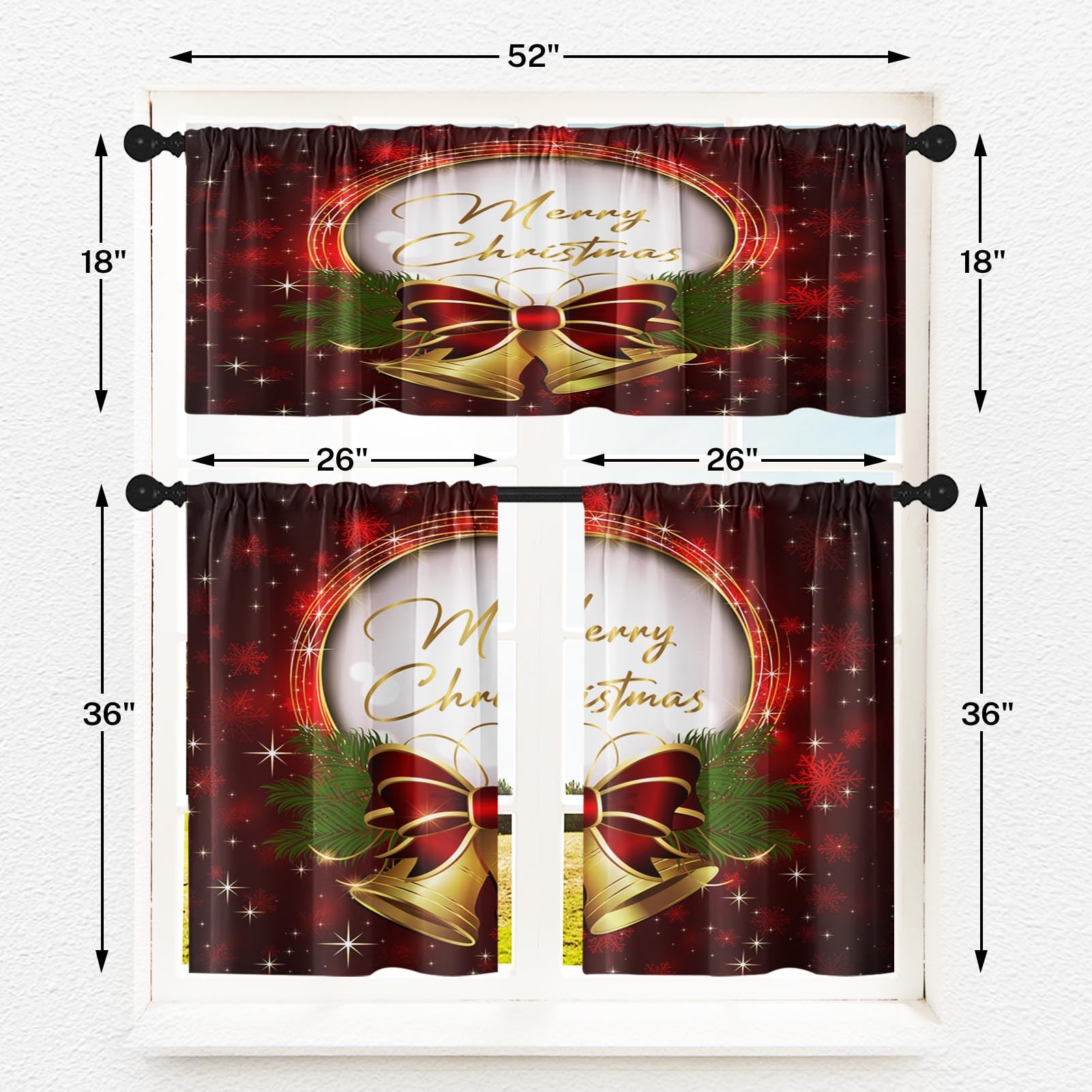 Emvency Merry Christmas Kitchen Curtains - Gold Bell Window Curtains & Valances Set 36 Inch, Happy New Year Short Tier Curtain for Small Kitchen Decor - Perfect for Holiday Home Decoration, Christmas Party & Winter Window Treatments