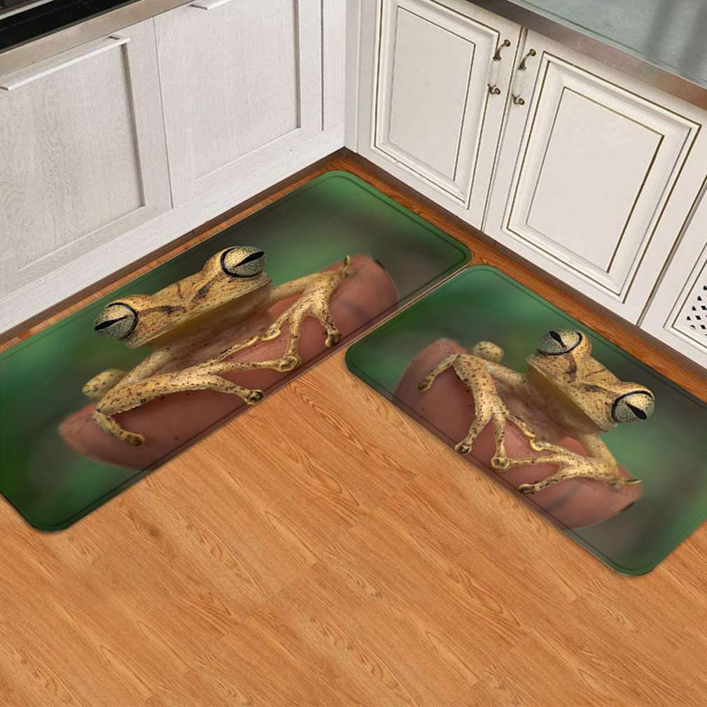 Non-Slip AKEHADO 2-Piece Kitchen Rug Set - Brown Frog Design with Happy Flower Pattern, Washable Floor Mats for Kitchen, Entryway, Bathroom (17.7