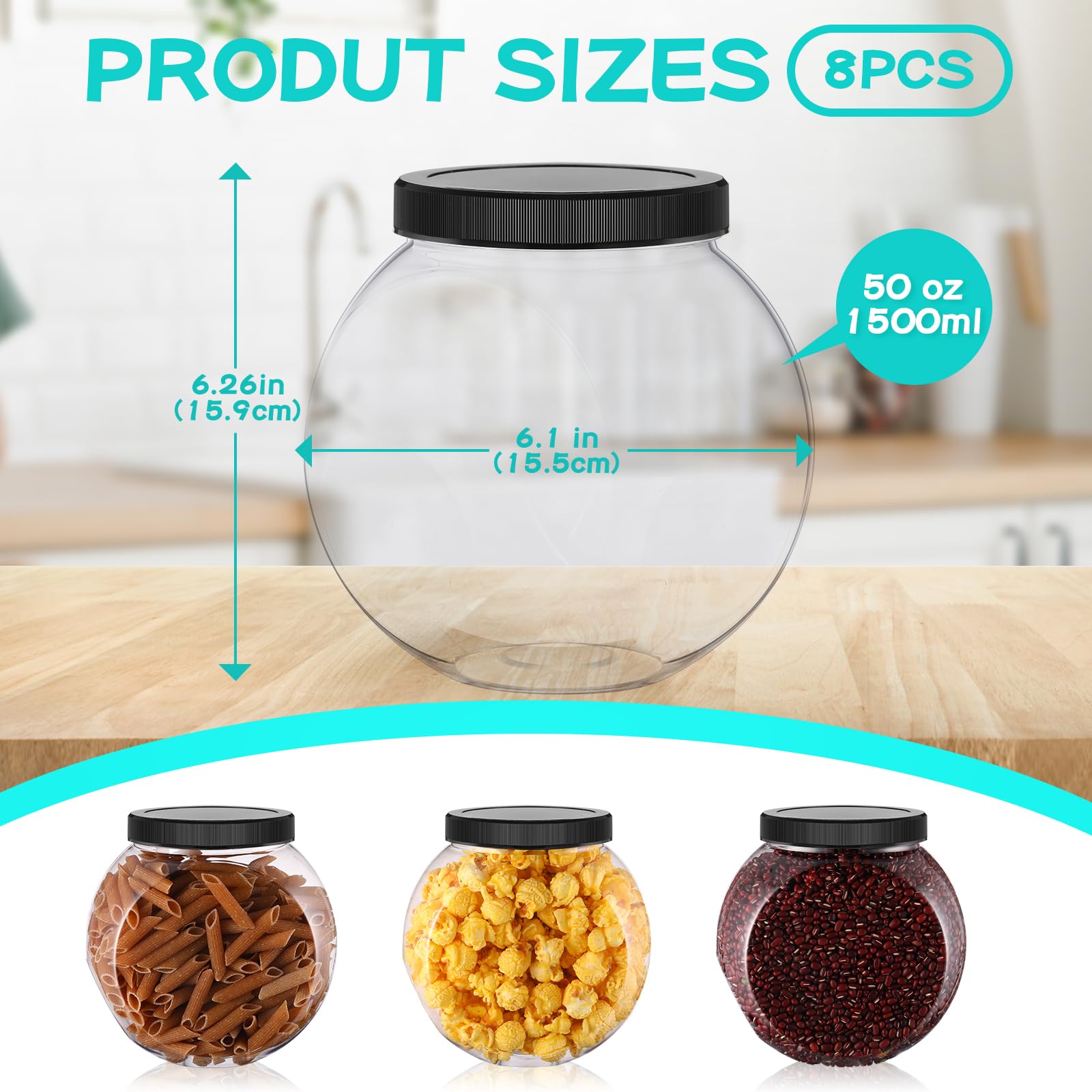 8-Piece Clear Plastic Candy Jars with Lids - 50oz Wide Mouth Cookie Storage Containers for Candy Buffet, Coffee, Laundry Detergent | Perfect for Kitchen Pantry Organization, Party Decor & Bulk Food Storage