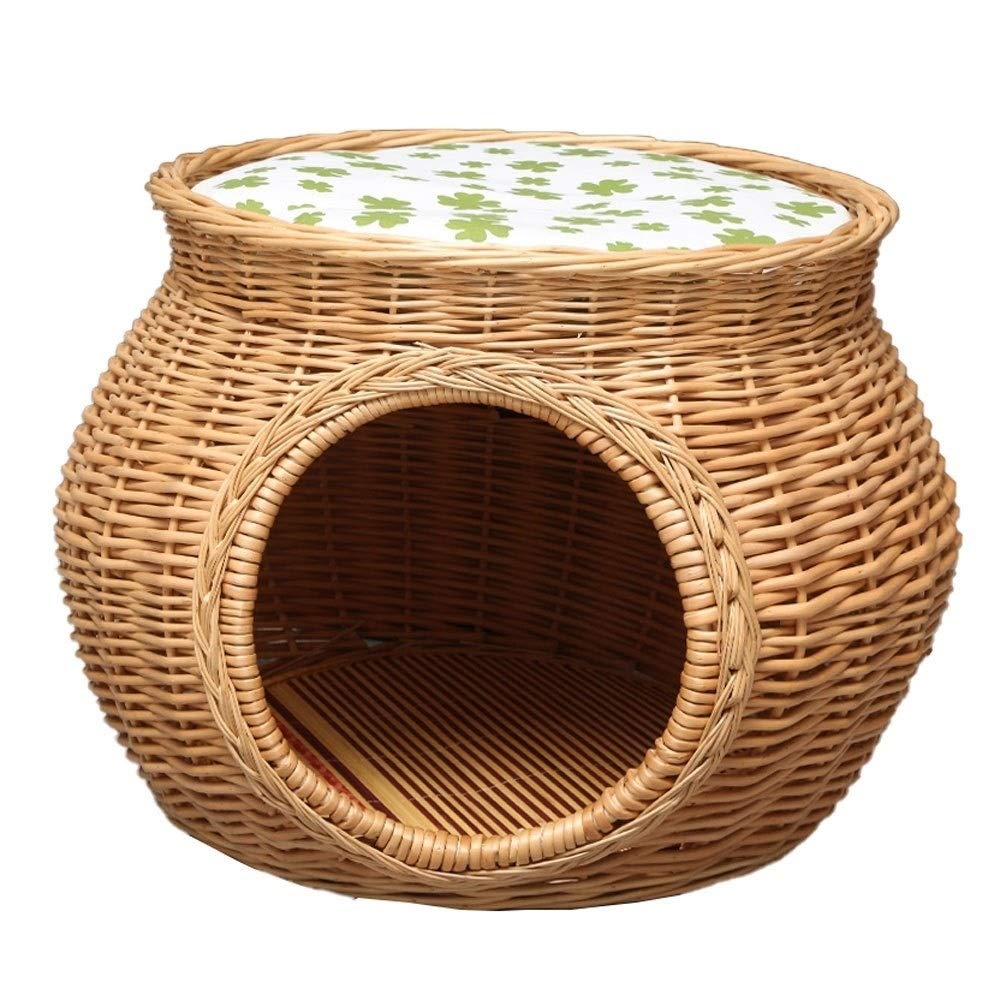 Handmade Double Layer Wicker Pet Bed Basket - Breathable Oval Dog Bed & Cat Sleeping House with Cooling Cotton Pad - Perfect for Summer Indoor Use (Large Size)