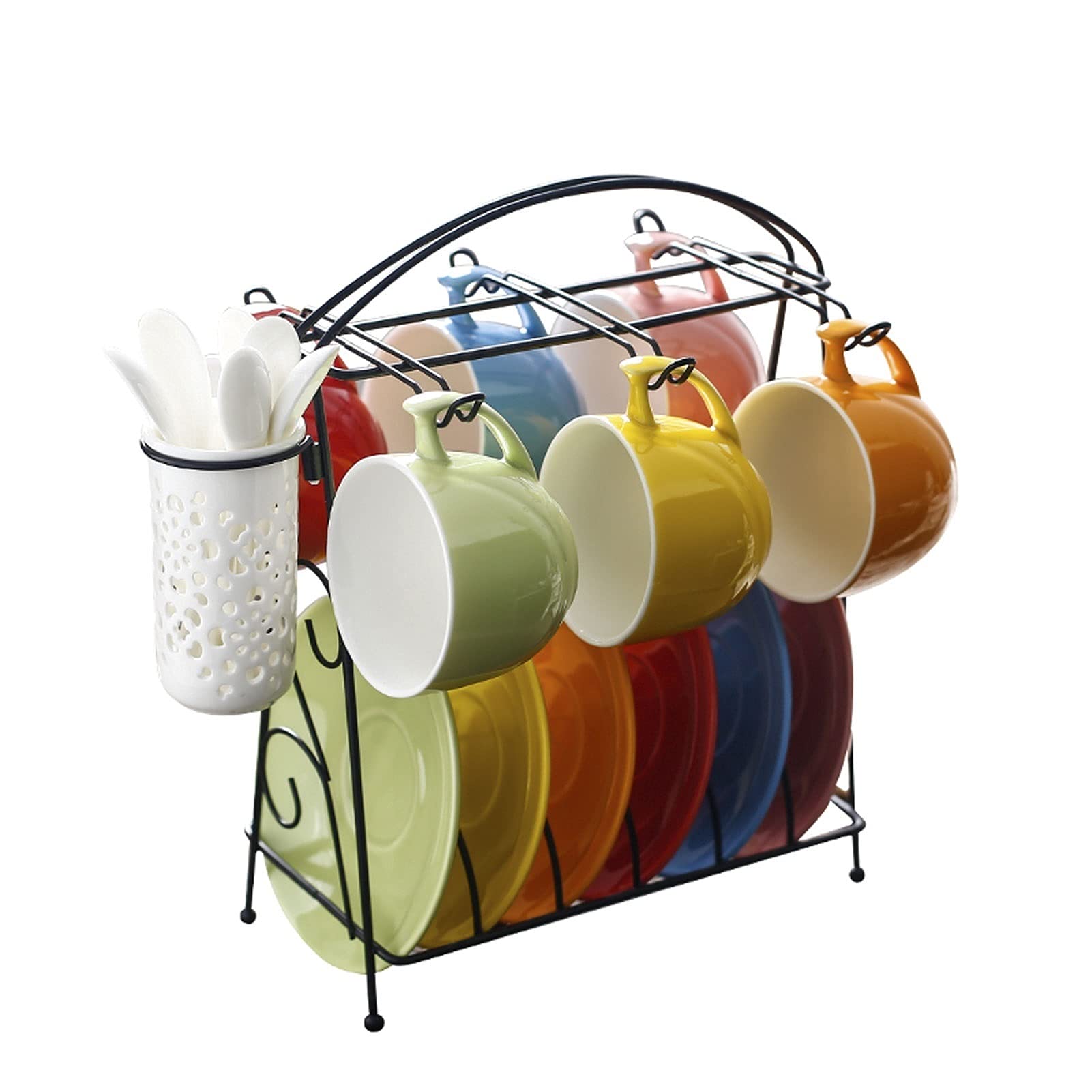 Rainbow Color Ceramic Coffee & Tea Mug Gift Set - 6 Brightly Colored Latte Cups with Saucers & Teaspoons - Artisan Coffee & Tea Set with Stand - Perfect for Home, Office, or Gift Giving