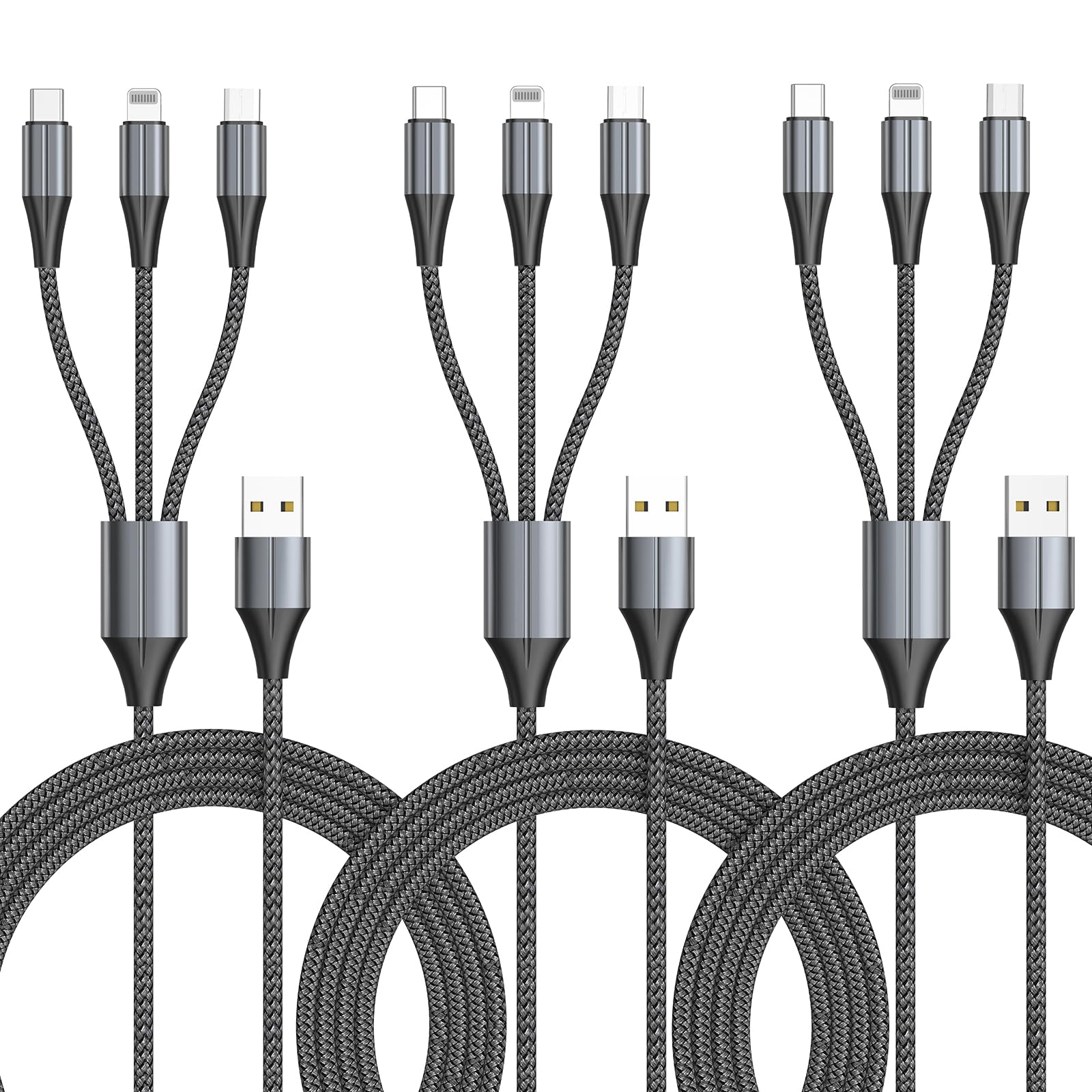 3 in 1 Multi Charging Cable (3Pack 6FT) - Nylon Braided USB C Cable with Type-C, Micro USB & Lightning Port - Fast Charging Cord for iPhone, Samsung, Android Phones - Perfect for Home, Office & Travel
