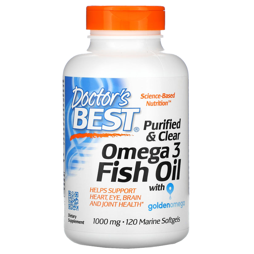Doctor's Best Purified & Clear Omega 3 Fish Oil 1000mg with Goldenomega - 120 Marine Softgels for Heart, Brain & Joint Health - Supports Cardiovascular Function & Cognitive Performance