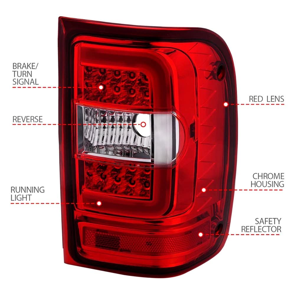 2001-2011 Ford Ranger LED Tail Lights with Light Bar - Chrome Housing Red/Clear Lens by ANZO (311393) | Enhanced Visibility & Style for Night Driving & Custom Truck Builds