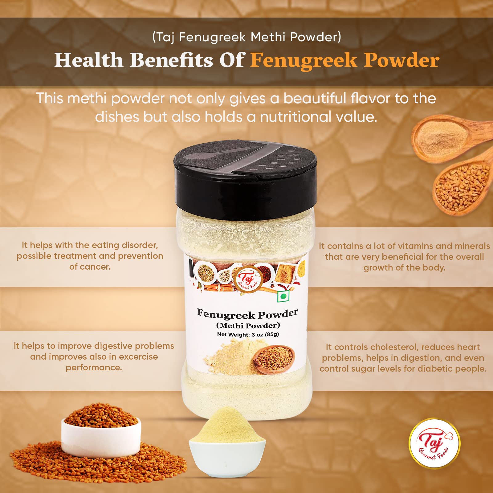 TAJ Premium Indian Methi Powder (Fenugreek Powder) - 14 Ounce | 100% Natural Spice for Cooking, Ayurvedic Remedies & Hair Care | Perfect for Curries, Teas & DIY Beauty Treatments