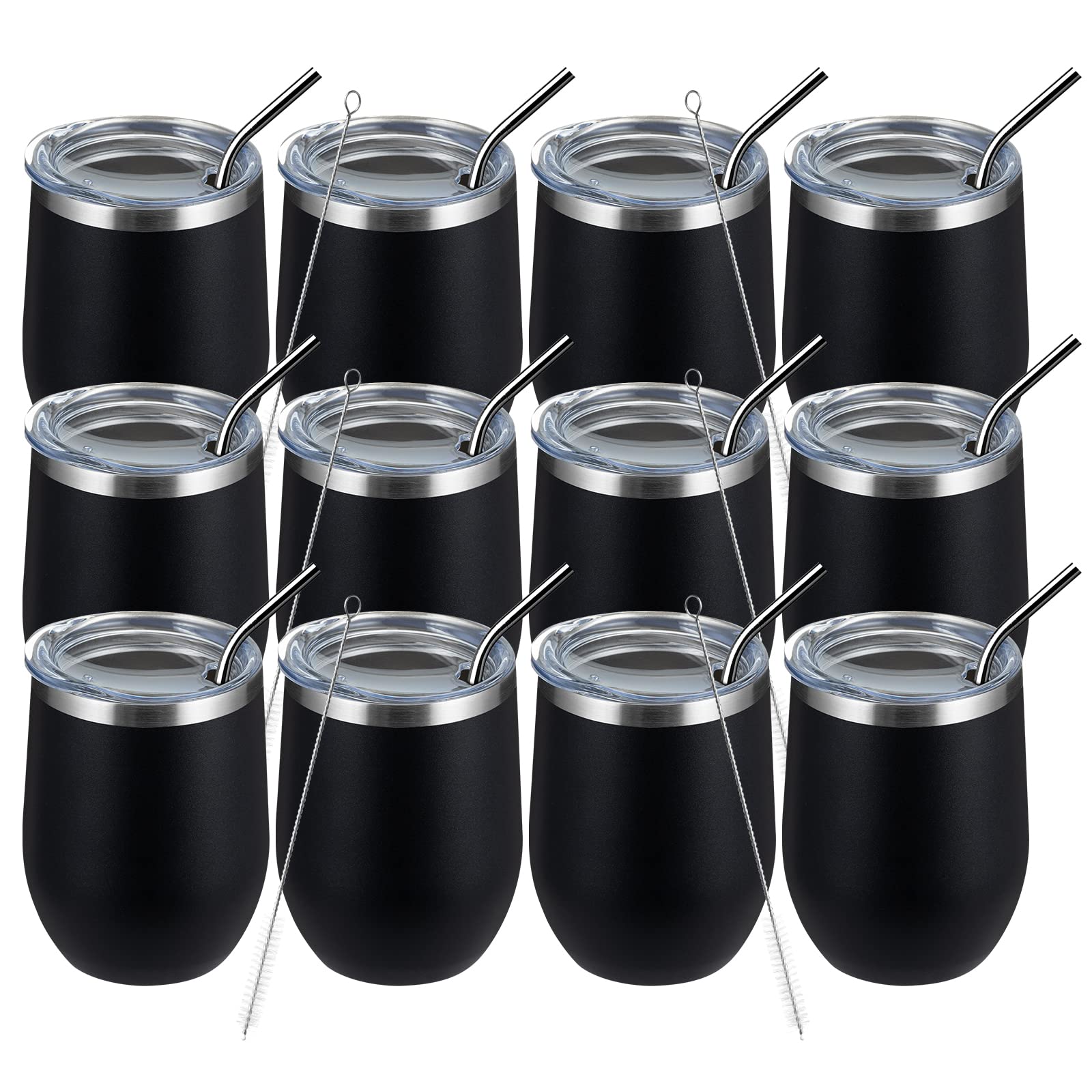 MEWAY 12oz/12 Pack Stainless Steel Wine Tumbler with Lid - Double Wall Vacuum Insulated Travel Mug for Wine, Coffee, Cocktails - Perfect for Outdoor Picnics, Parties, Camping & Gifts (Black, Set of 12)