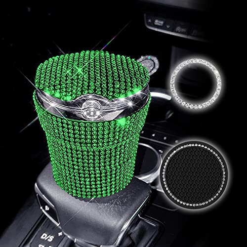 Stainless Steel Car Ashtray with Lid & Blue LED Light - Smokeless Cup Holder Ashtray for Vehicles (Green) | Perfect for Road Trips, Commuting & Outdoor Adventures