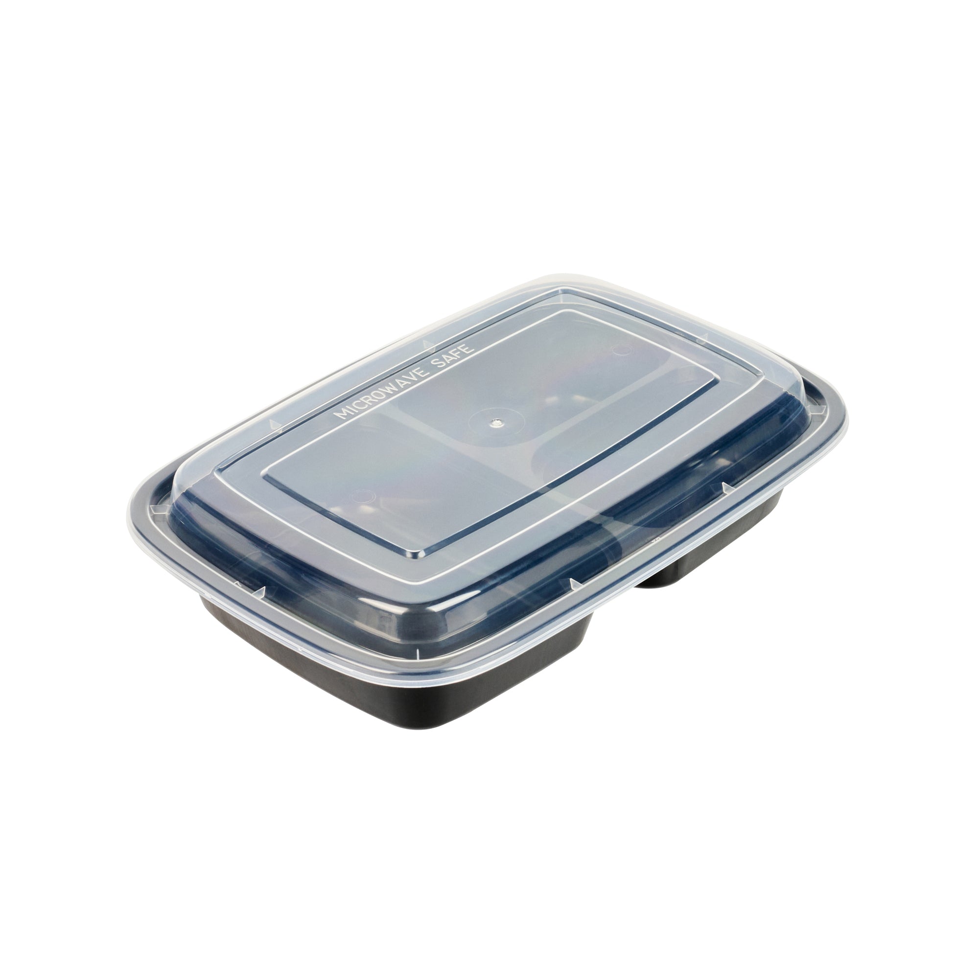 26 oz Black 3-Compartment Plastic Food Storage Containers with Clear Lids - Microwave Safe, 8.75
