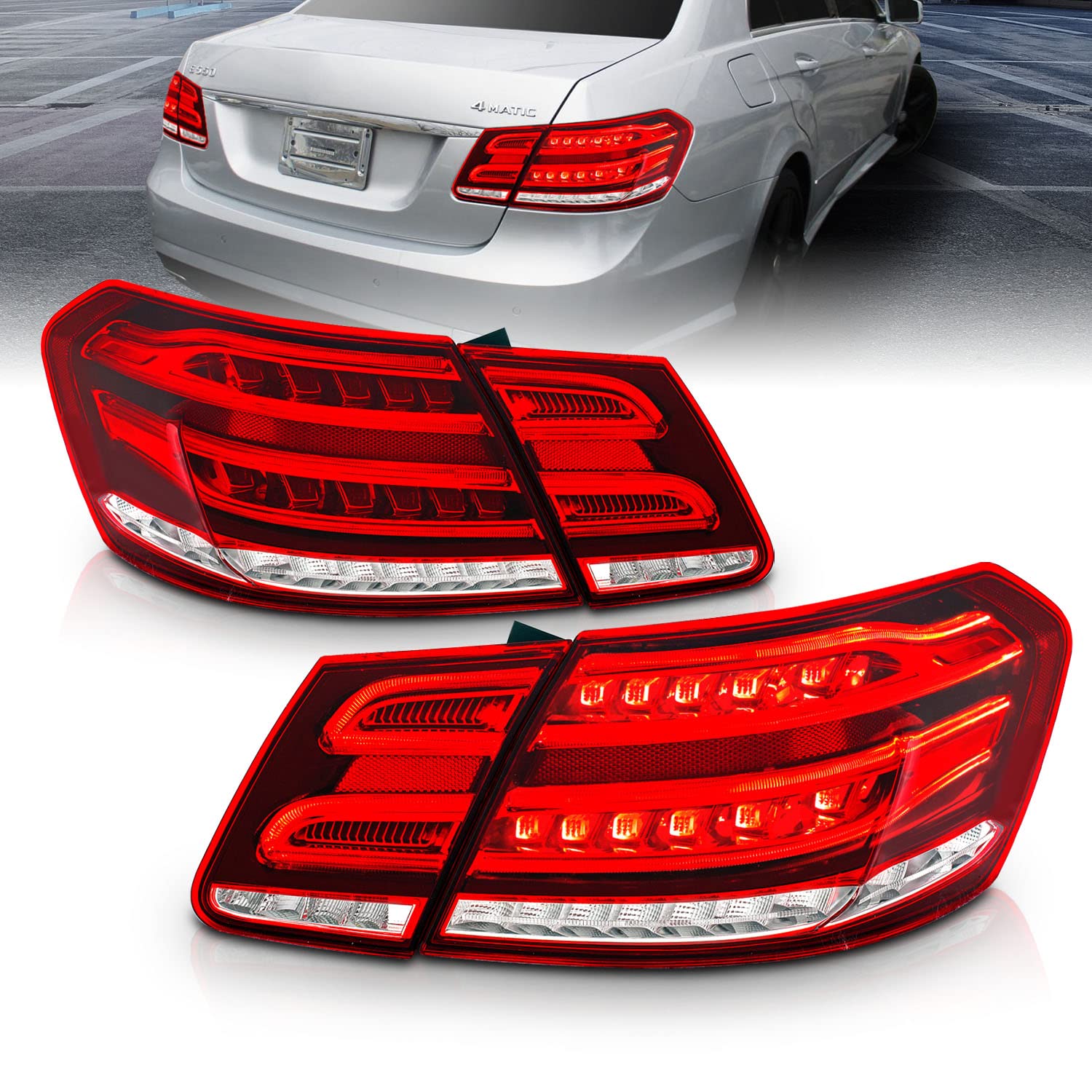 AmeriLite Red/Clear LED Tail Lights Set for Mercedes Benz E-Class Sedan - Left & Right Side Pair - Enhanced Visibility & Style for Night Driving & Custom Car Upgrades