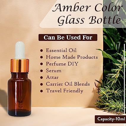 10ml Amber Glass Dropper Bottles with Gold Ring & White Silicone Teat - Refillable Essential Oil Bottles, Leak-Proof for Aromatherapy, DIY Skincare & Travel - Pack of 10