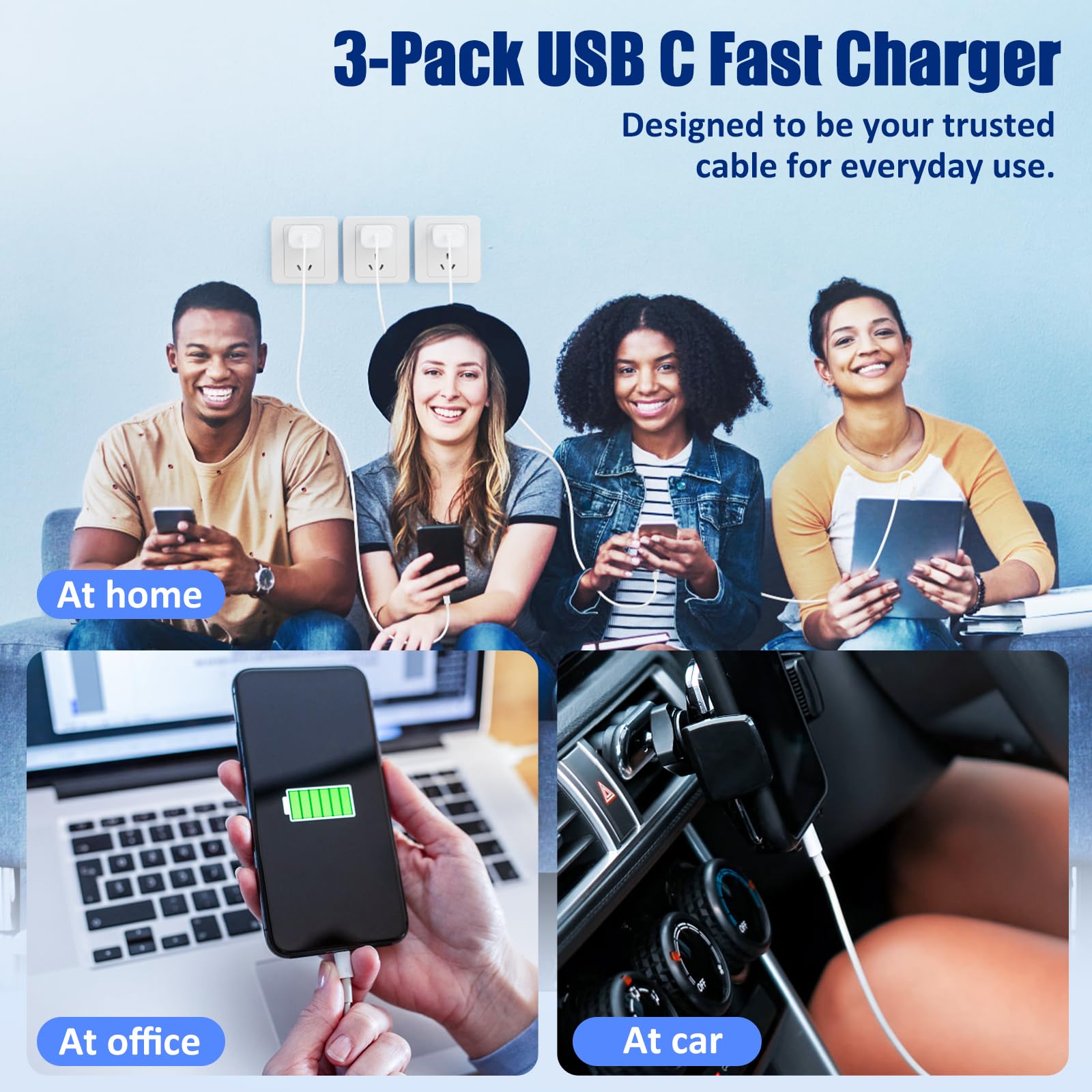 20W Fast Charger 3-Pack with 3/6/10FT USB C Cables - Compatible with iPhone 16/15/15 Plus/15 Pro Max, iPad Pro/Air, AirPods & Samsung Galaxy - Quick Charging for Home, Office & Travel