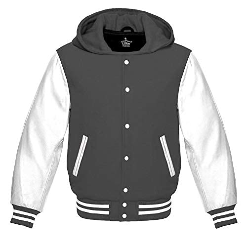 Premium Wool Varsity Hoodie Jacket with Genuine White Leather Sleeves - Baseball Letterman Bomber School Sweatshirt for Men & Women - Perfect for Sports, Casual Wear & School Events
