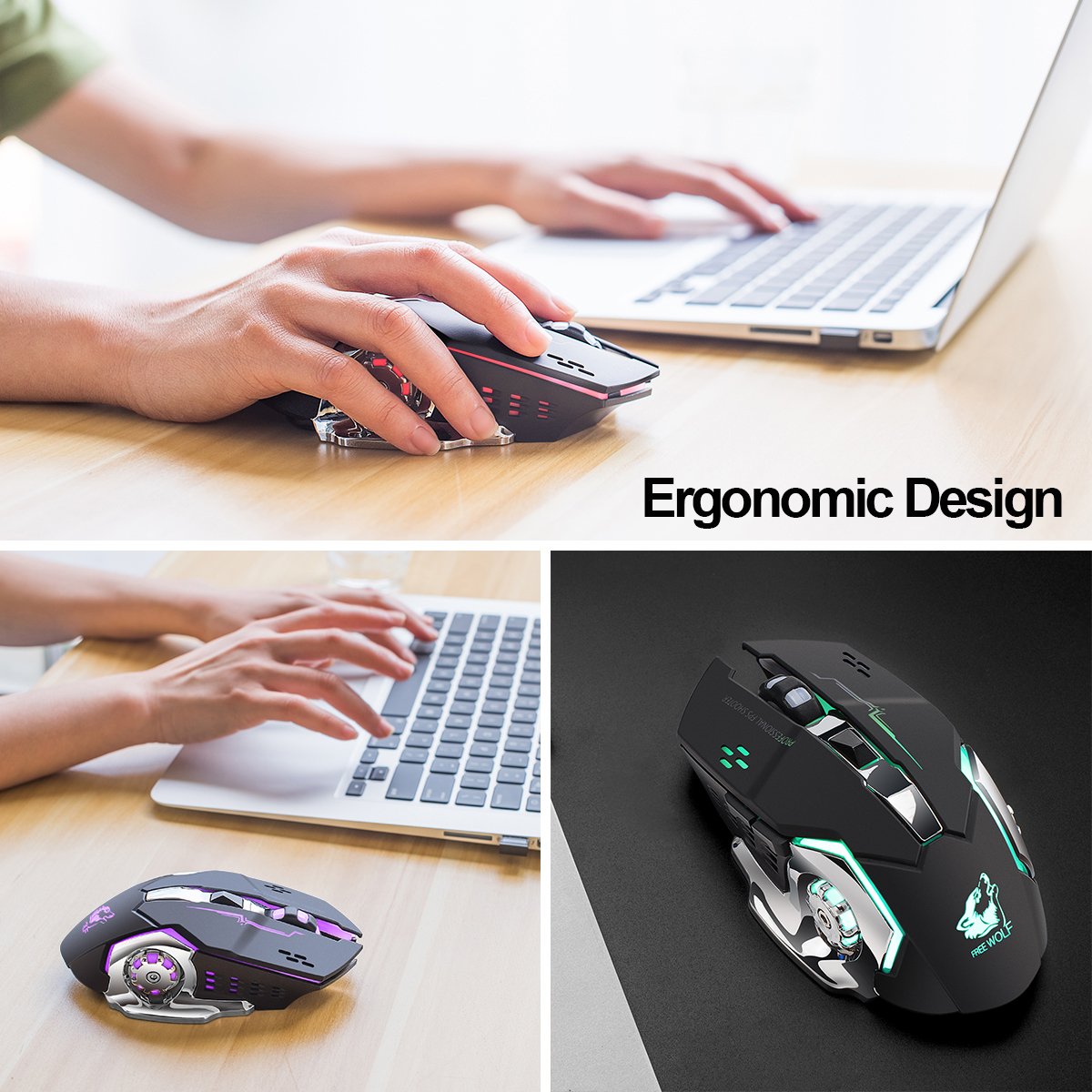 LexonElec® Wireless Gaming Mouse - Rechargeable 2.4GHz Silent Optical Mouse with 7-Color LED Backlight, 1800 DPI, 6 Buttons, Ergonomic Design for PC & Laptop (Black) | Perfect for Office Work, Gaming & Travel Use