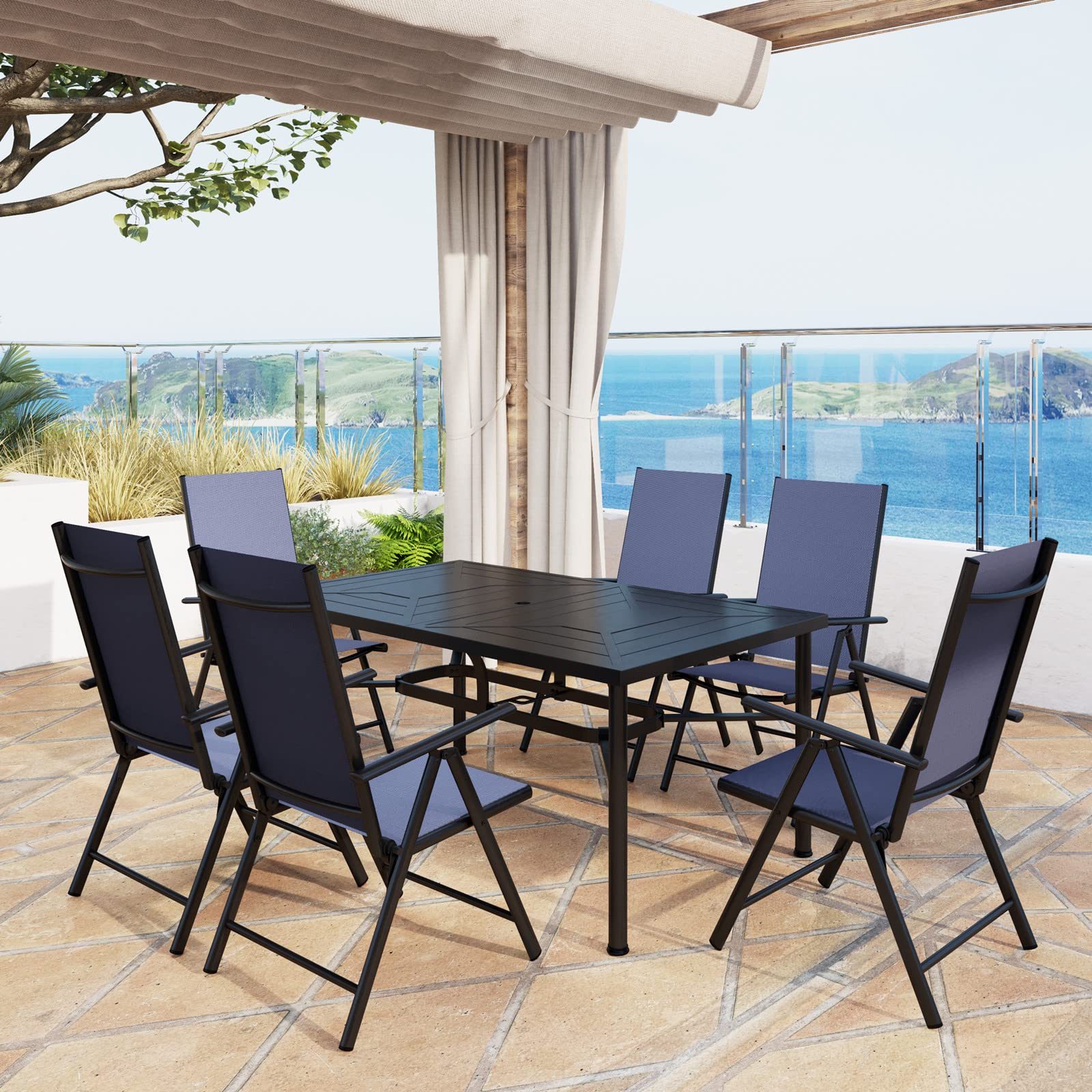 MFSTUDIO 6-Piece Outdoor Dining Set - Adjustable Height Aluminum Folding Chairs with Heavy-Duty Black Metal Table - Patio Furniture for Backyard, Garden & Poolside Dining