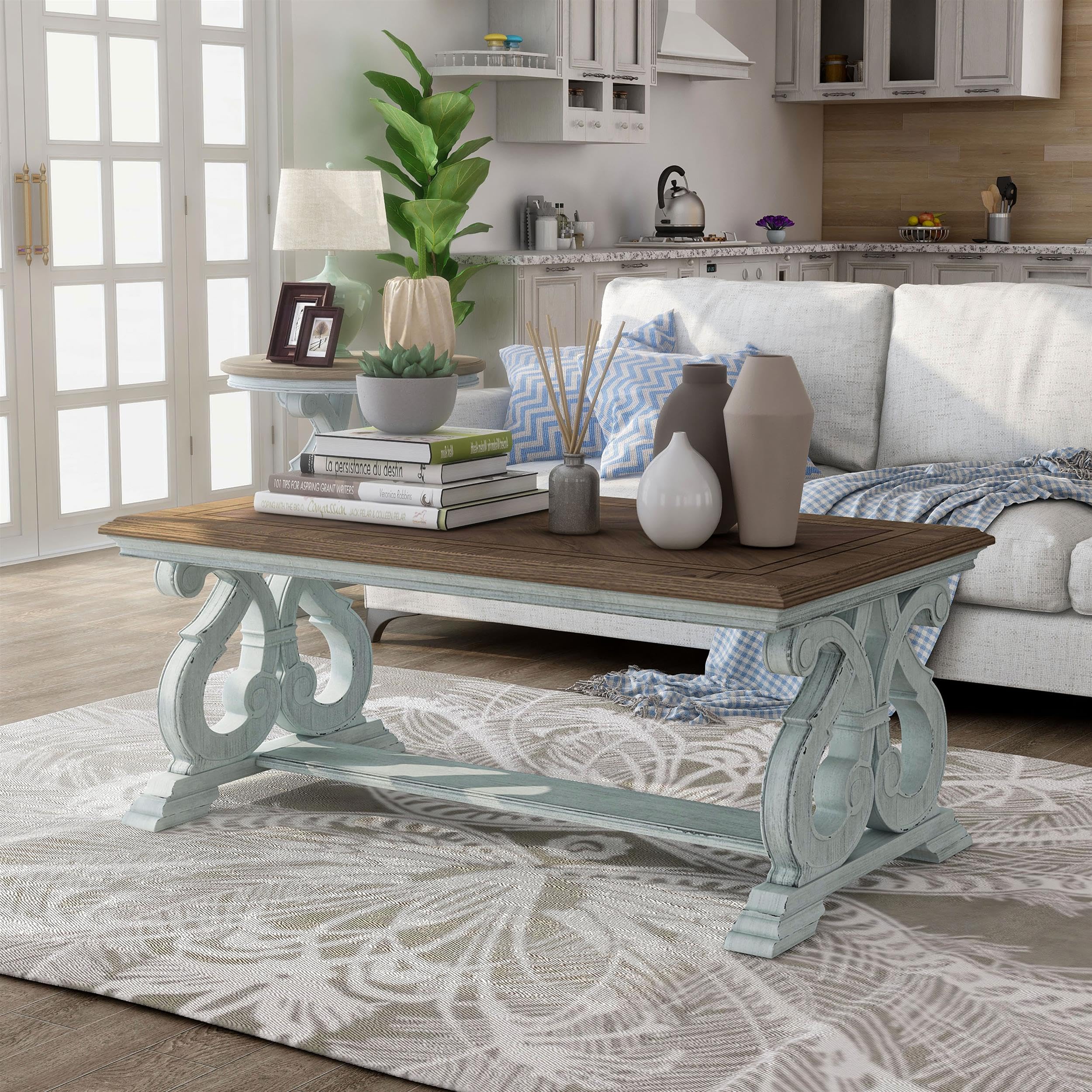 Furniture of America Adelman Solid Wood Coffee Table - Oak & Antique Blue Finish | Rustic Living Room Centerpiece for Home Decor