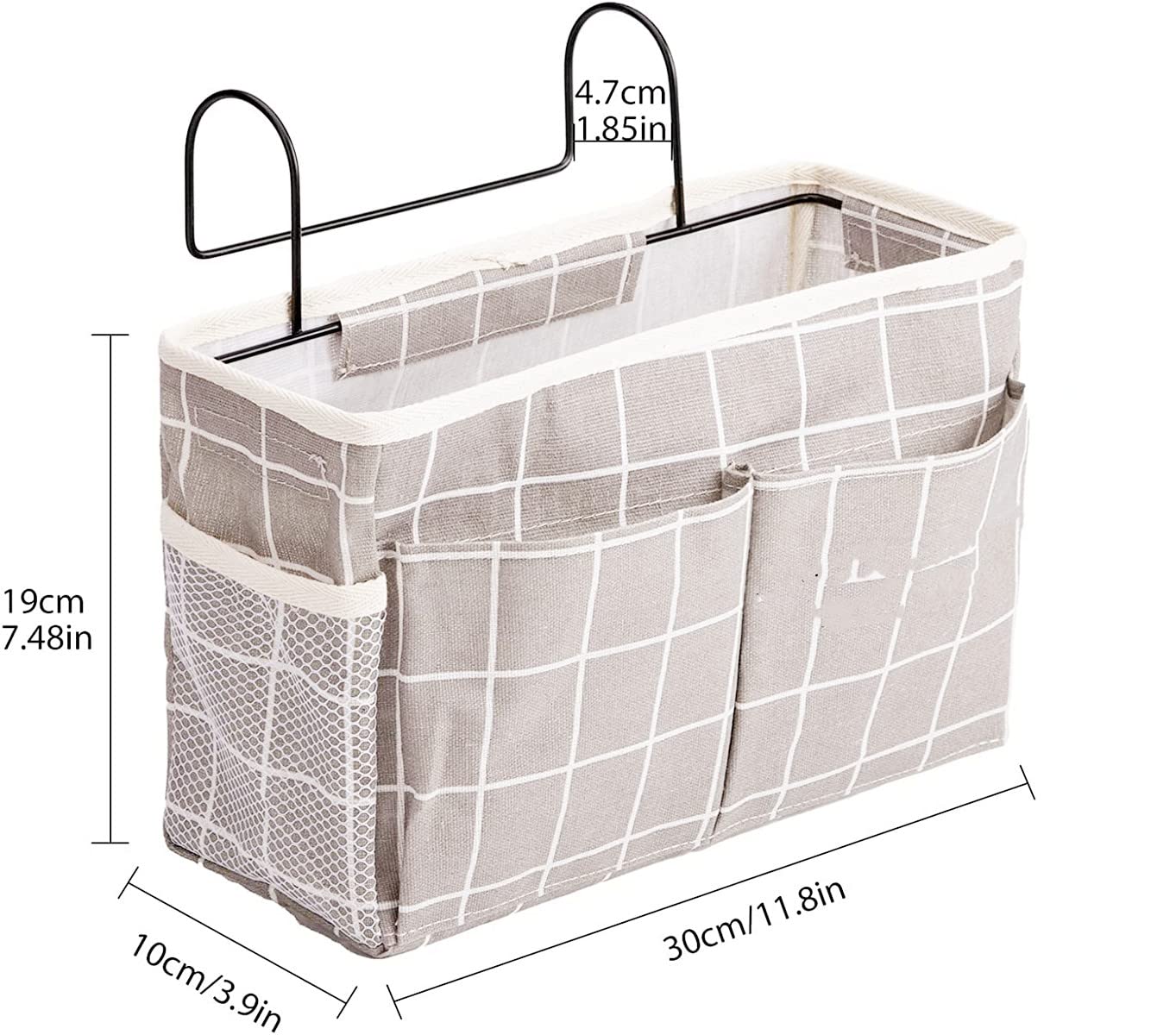 Bedside Storage Pocket Organizer - Hanging Storage Basket with Hook for Bed, Dorm, Office & School - Grey Grid - Perfect for Books, Phones & Essentials