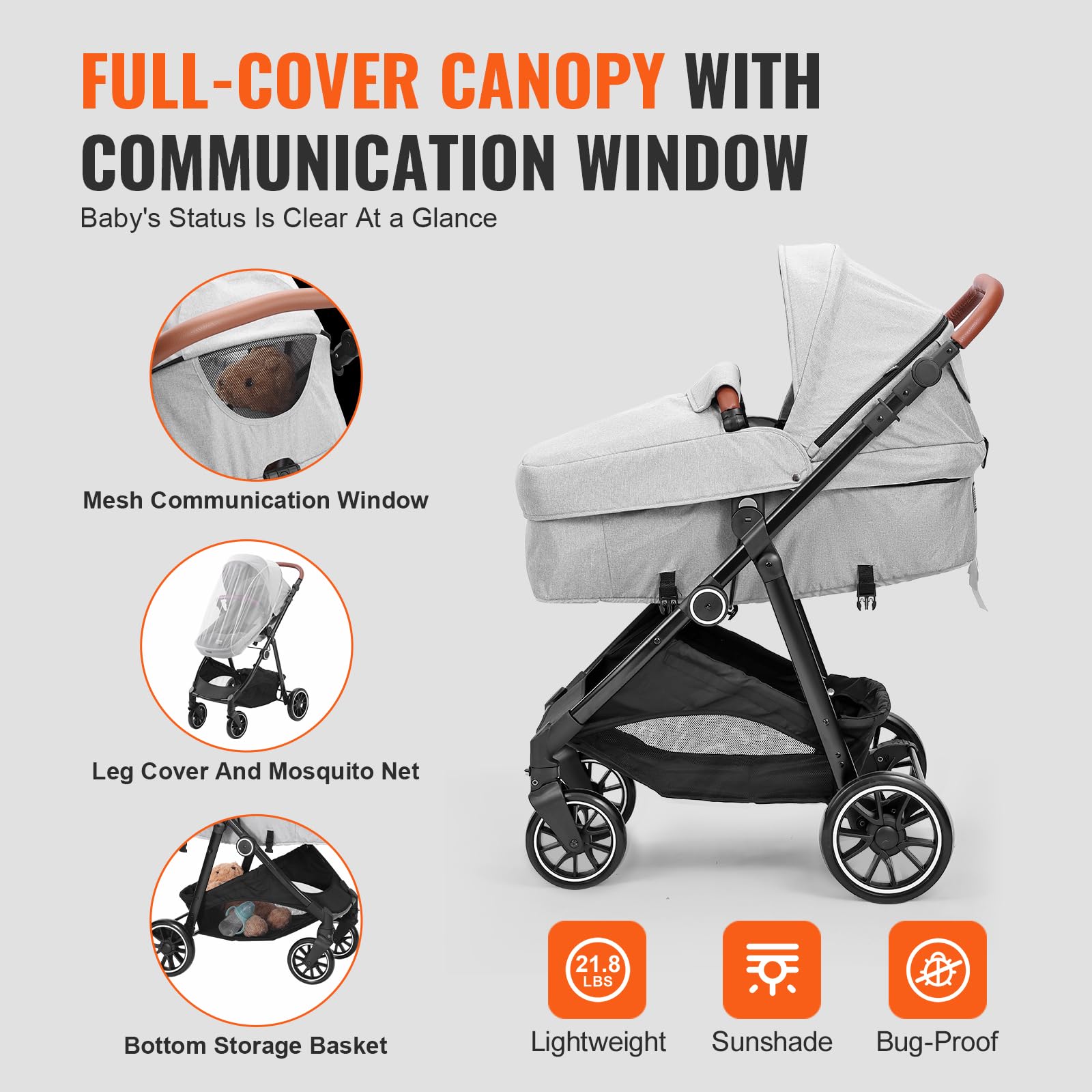 VEVOR Standard Baby Stroller with Bassinet - 3-Position Adjustable Reversible Seat, Foldable Lightweight Design, Carbon Steel Frame & Mesh Net Cover - Perfect for Newborns to Toddlers (Light Grey) | Ideal for Daily Walks, Shopping & Travel