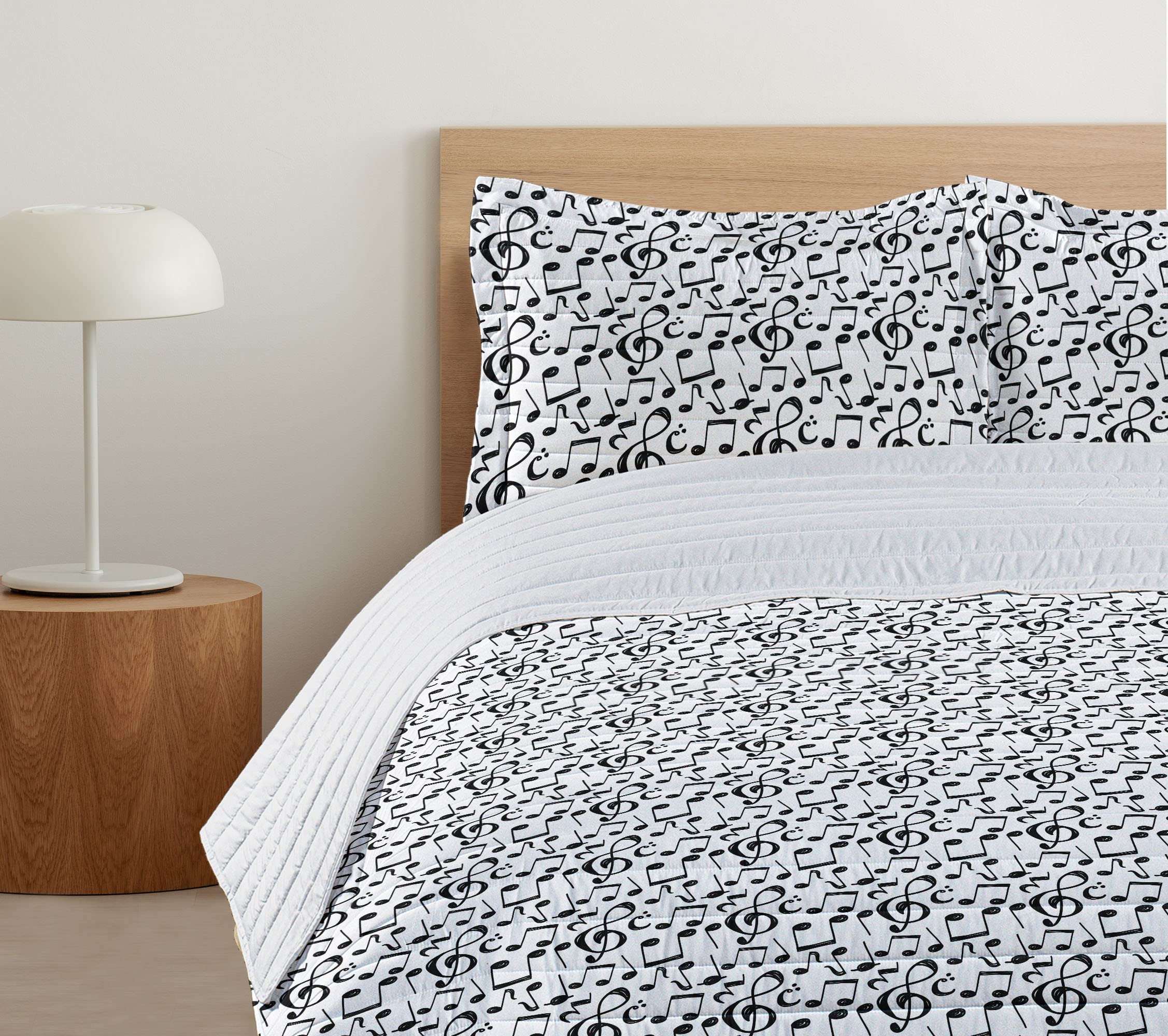 Ambesonne Music Themed Microfiber Bedspread Set - Black and White Musical Notes & Melody Design | King Size Soft Bedding with Pillow Shams & Comforter | Perfect for Music Lovers' Bedroom Decor, Guest Rooms & Dorm Rooms