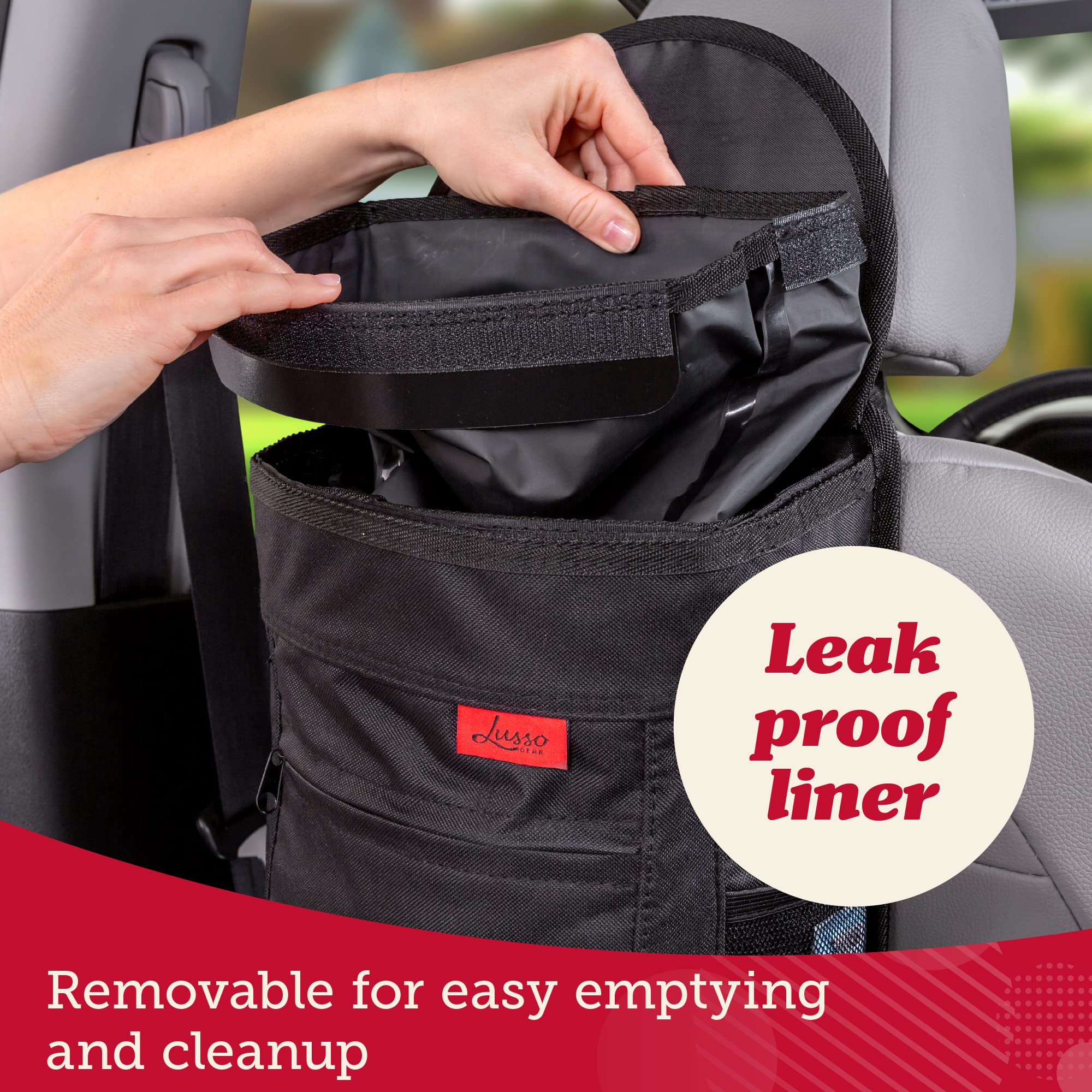 Lusso Gear 2.5 Gallon Spill-Proof Car Trash Can with Leak-Proof Lid - Hanging Garbage Bin for Car, SUV, Truck & Minivan - Removable Waterproof Liner, Easy to Clean - Odor-Free Vehicle Accessories (Black) - Perfect for Road Trips, Commuting & Family Travel