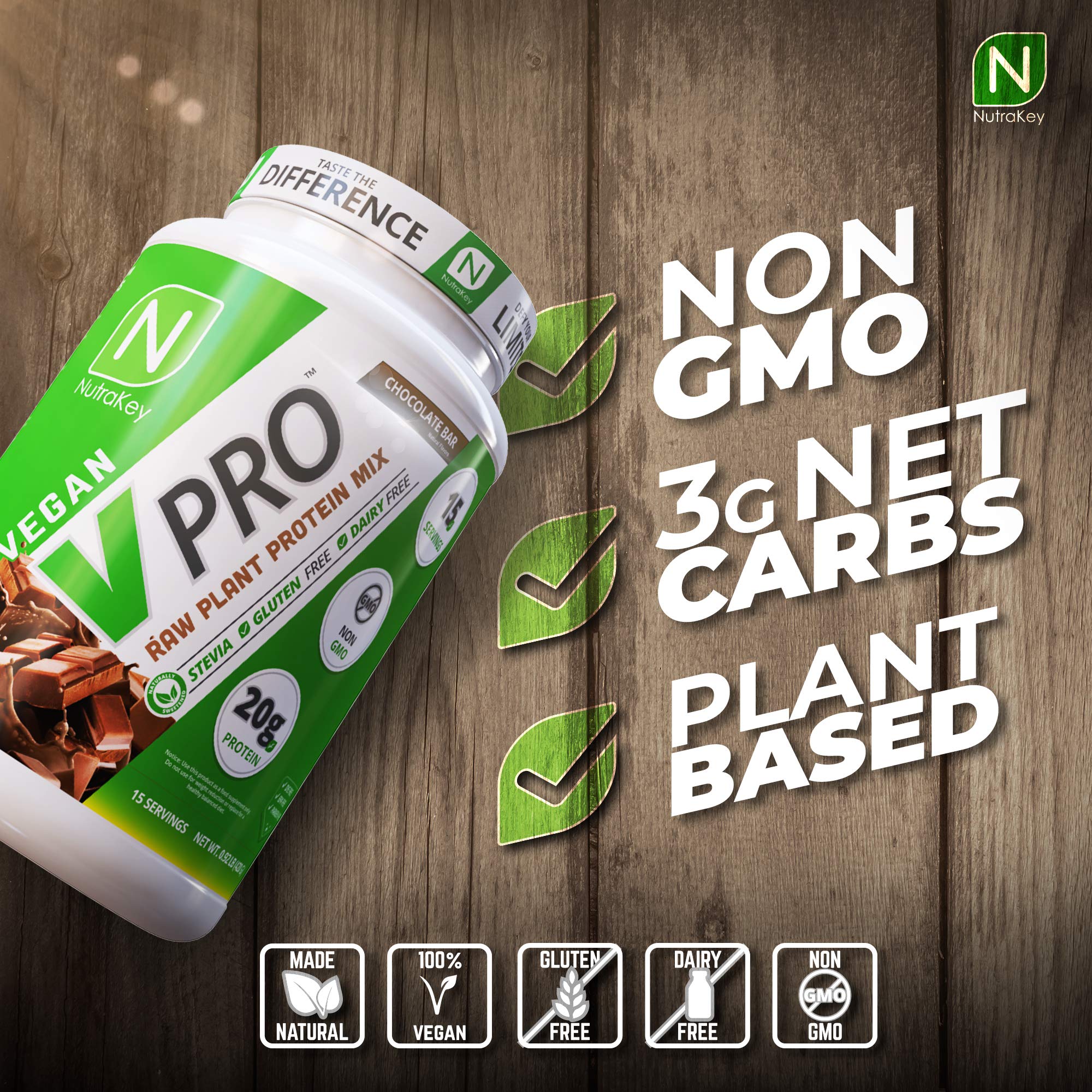 NutraKey V-Pro Organic Vegan Raw Plant Protein Powder - 20g Protein, Low Carb, Gluten Free, Chocolate Flavor (2-Pound) for Smoothies, Baking & Post-Workout Recovery
