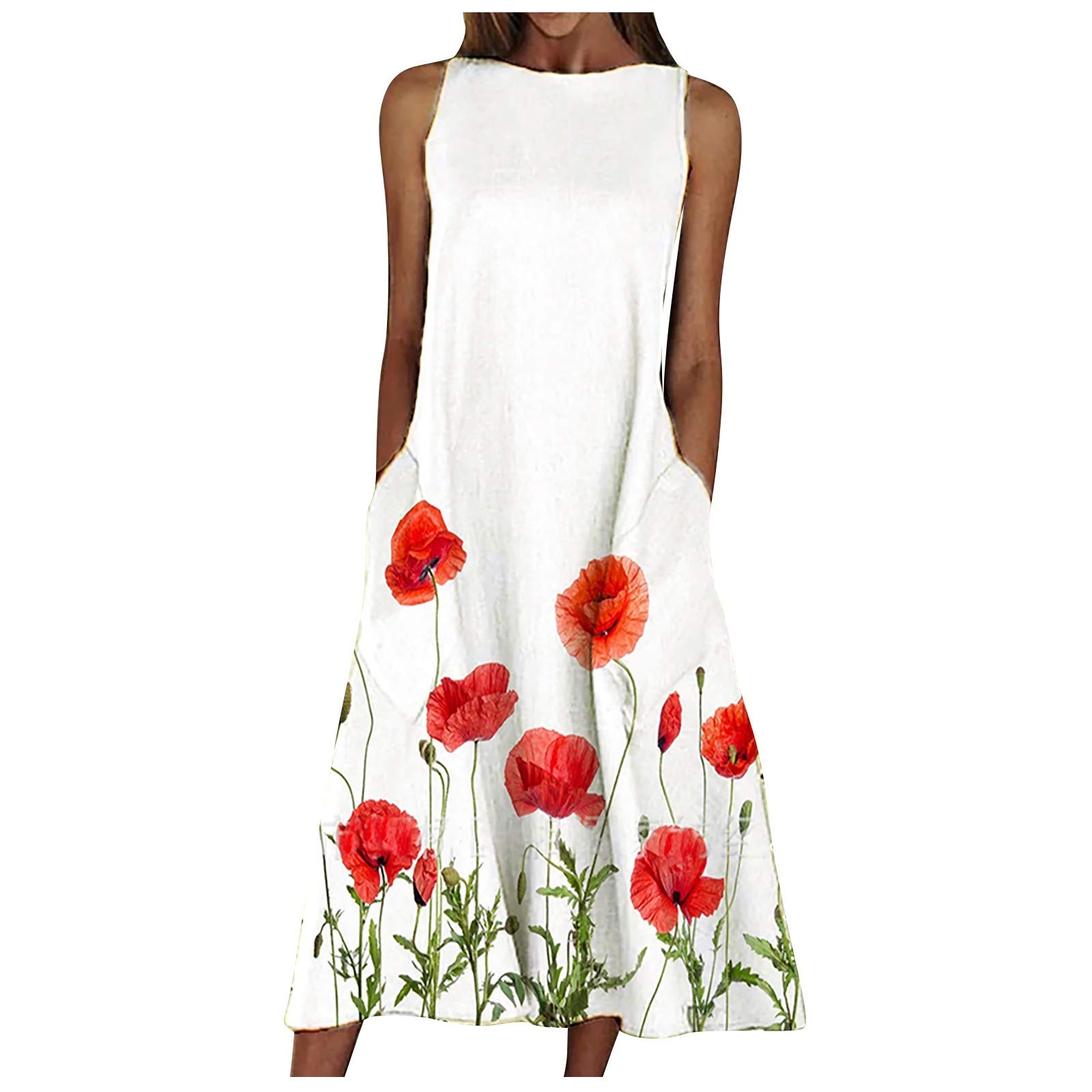 Nulairt Women's Sleeveless Floral Printed Maxi Dress with Pockets - Round Neck Swing Long Dress for Casual, Beach & Summer Outfits