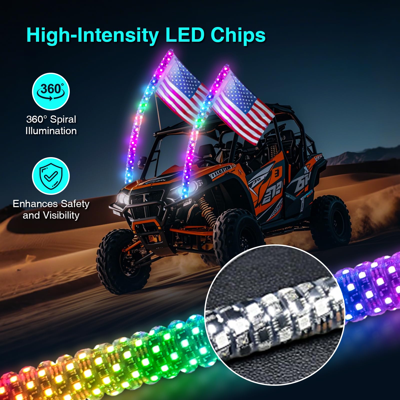 2PCS 4FT LED Whip Lights with App & Remote Control - RGB Color Changing, Music Sync, Turn Signal for UTV/ATV/RZR/SXS/Offroad Trucks - Perfect for Night Riding, Off-Road Adventures & Trail Parties