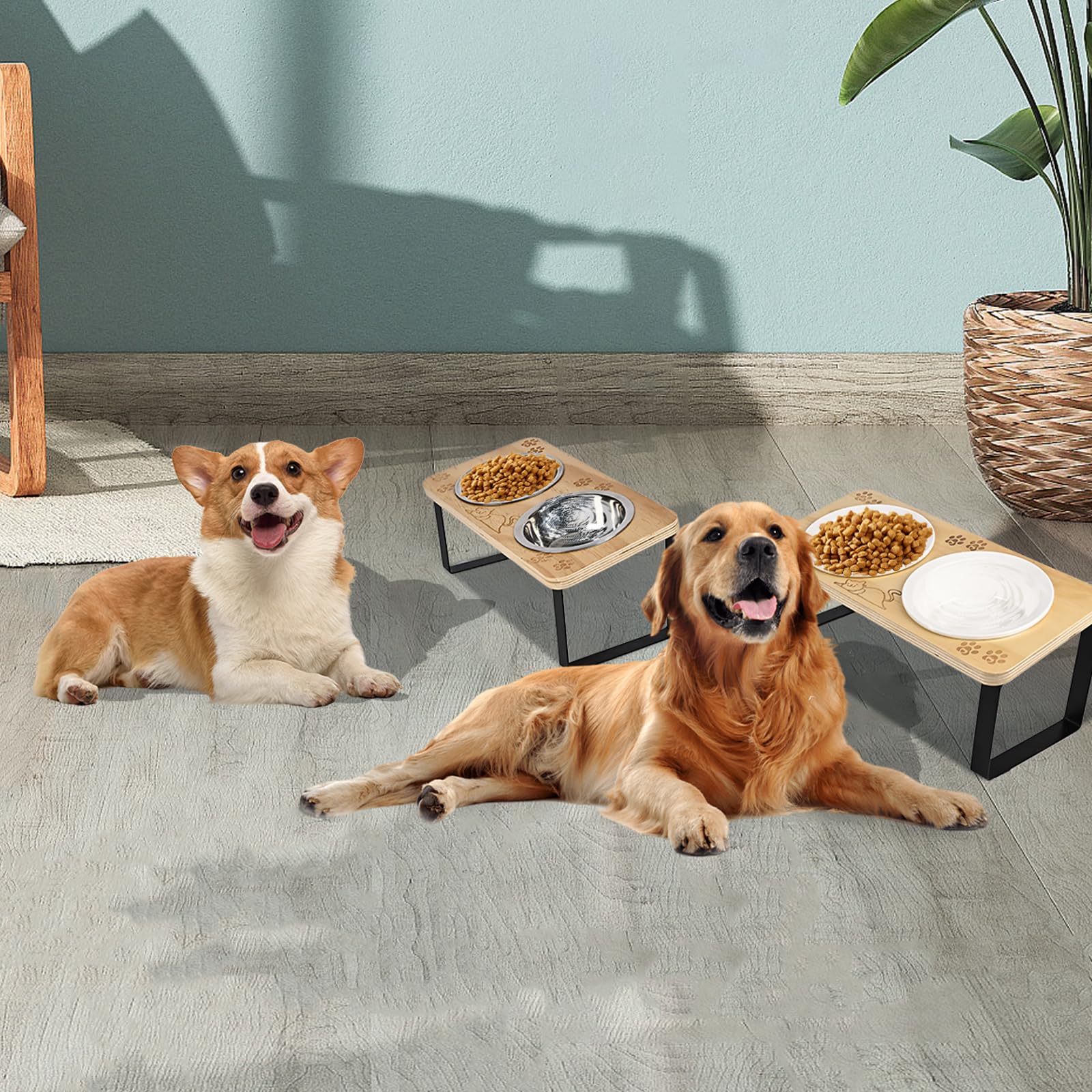 3 Ceramic Elevated Cat Bowls with 15° Tilt - Raised Pet Food & Water Bowl Set with Wooden Stand & Paw Print Design - Anti-Slip Mat Included for Indoor Cats & Small Dogs - Perfect for Healthy Digestion & Mess-Free Feeding