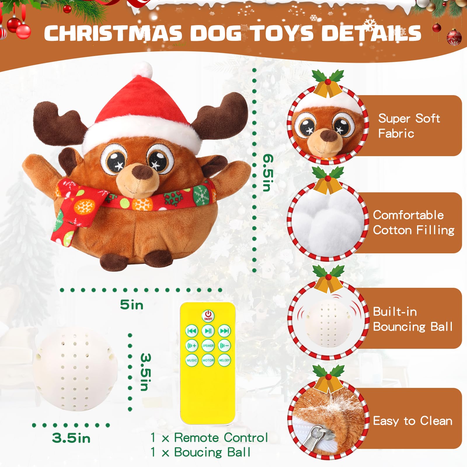 Interactive Remote Control Dog Toys with Squeaky Ball & Music - Christmas Electric Dog Ball Toy for Small Medium Large Dogs (Cute Elk Design) - Perfect for Indoor Play, Training, and Keeping Pets Active