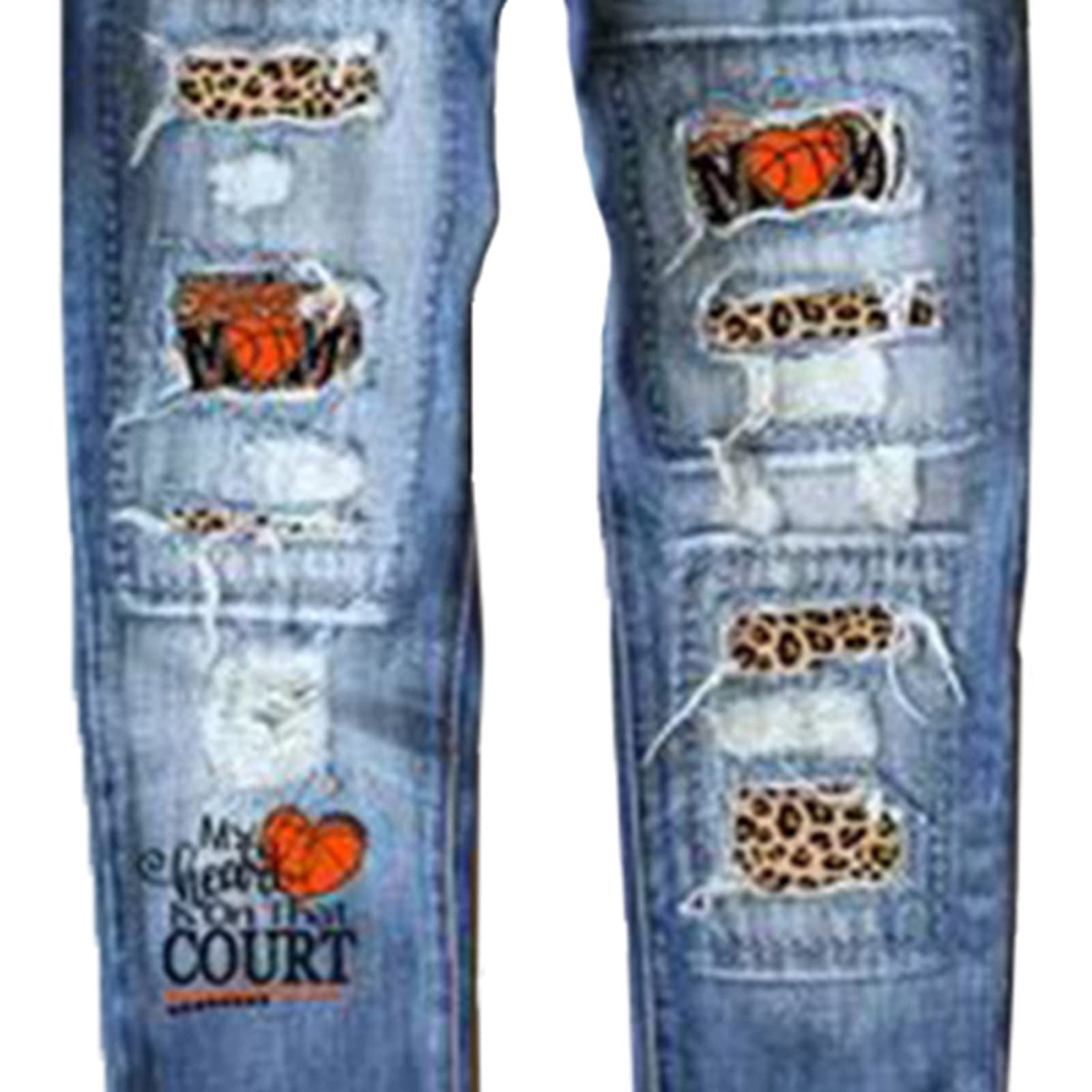 Women's Boyfriend Jeans - Ripped Hole Distressed Denim Pants with Leopard Patch | Straight Leg Comfort Fit | Casual Streetwear & Everyday Wear