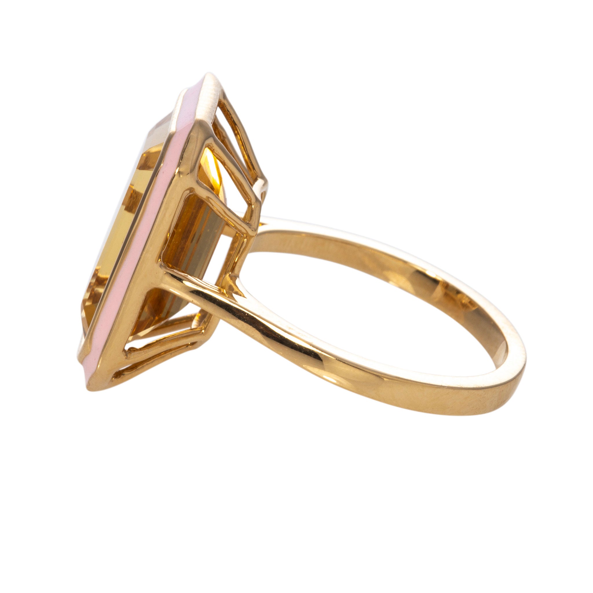 Goshwara Emerald Cut Citrine & Pink Enamel 18K Gold Ring for Women | Elegant Statement Jewelry for Weddings, Parties & Special Occasions