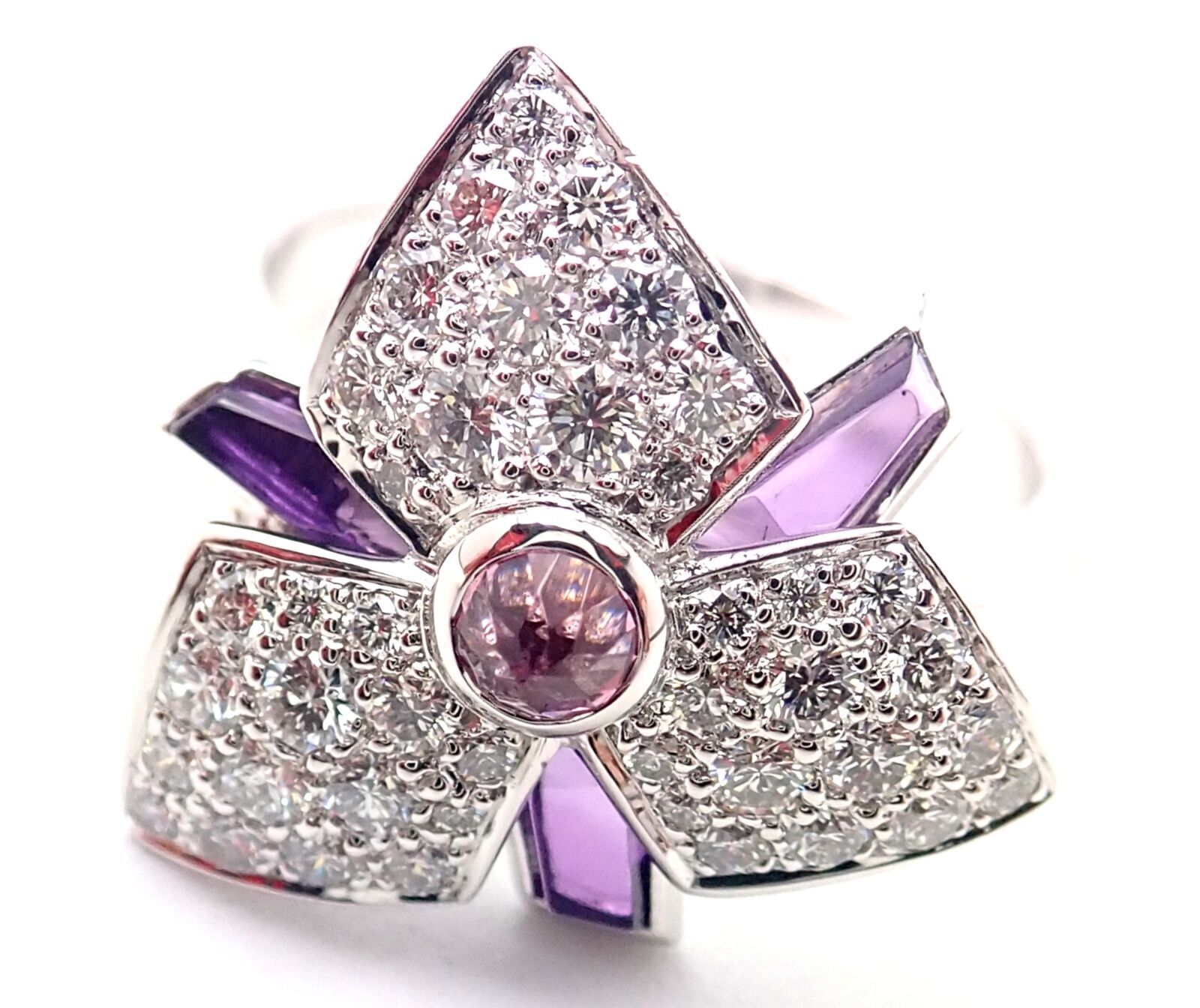 Cartier Caresse D'orchidées 18K White Gold Diamond Amethyst Orchid Flower Ring - Elegant Jewelry for Weddings, Anniversaries & Special Occasions
