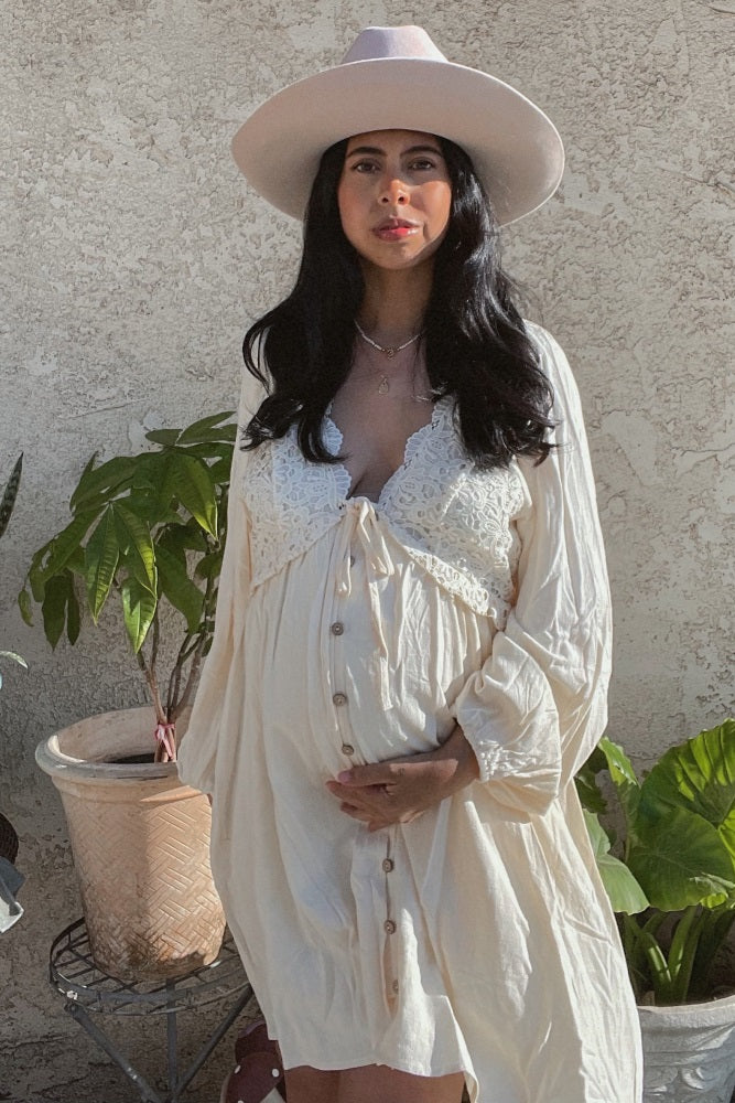 Beige Crochet Lace Button Front Maternity Dress for Pregnancy Photos, Baby Shower & Special Occasions - Comfortable Nursing Dress for Expecting Mothers