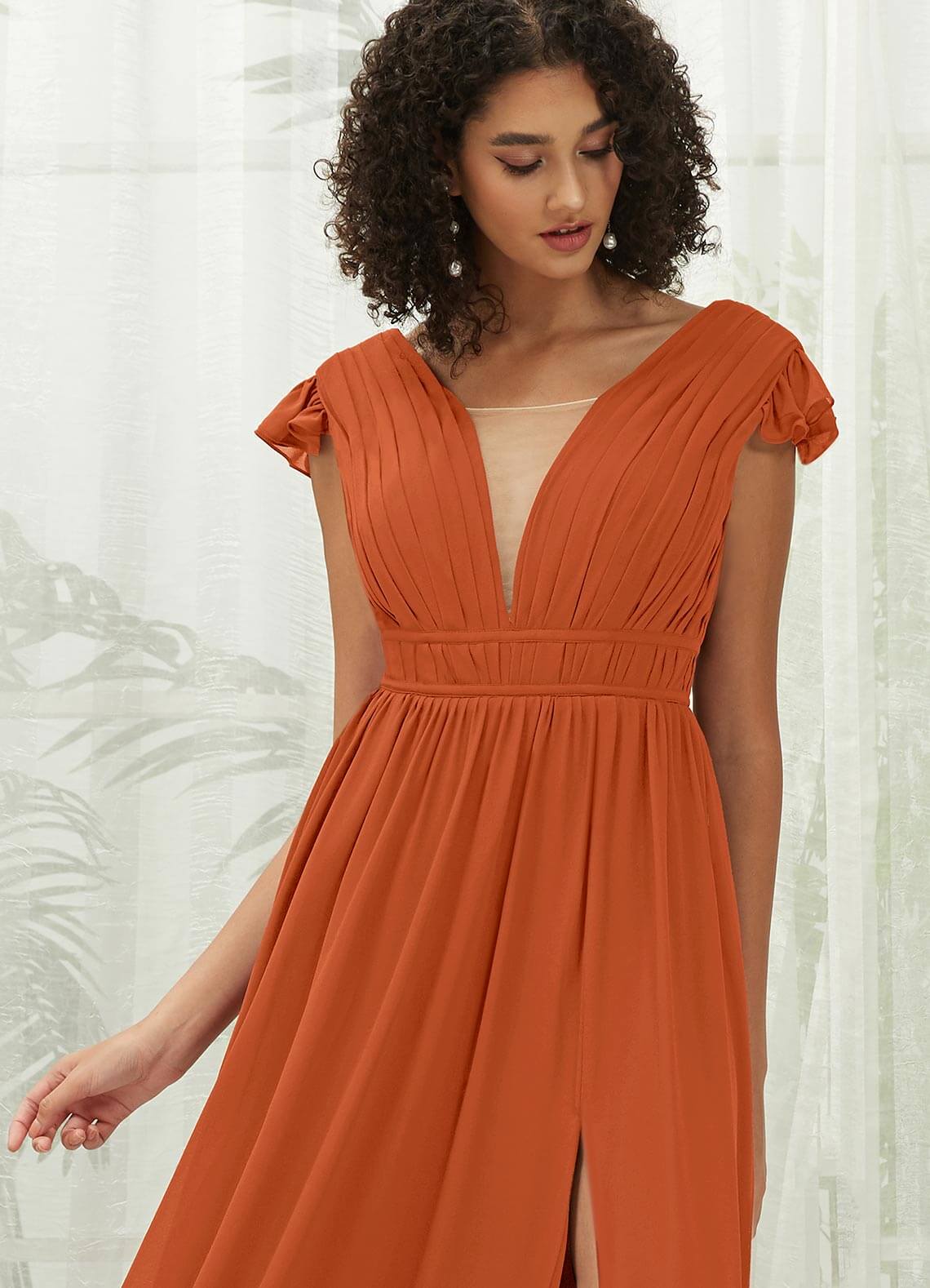 Elegant Burnt Orange Cap Sleeve Pleated V-Neck Chiffon Maxi Bridesmaid Dress | Formal Wedding Party Gown for Special Occasions