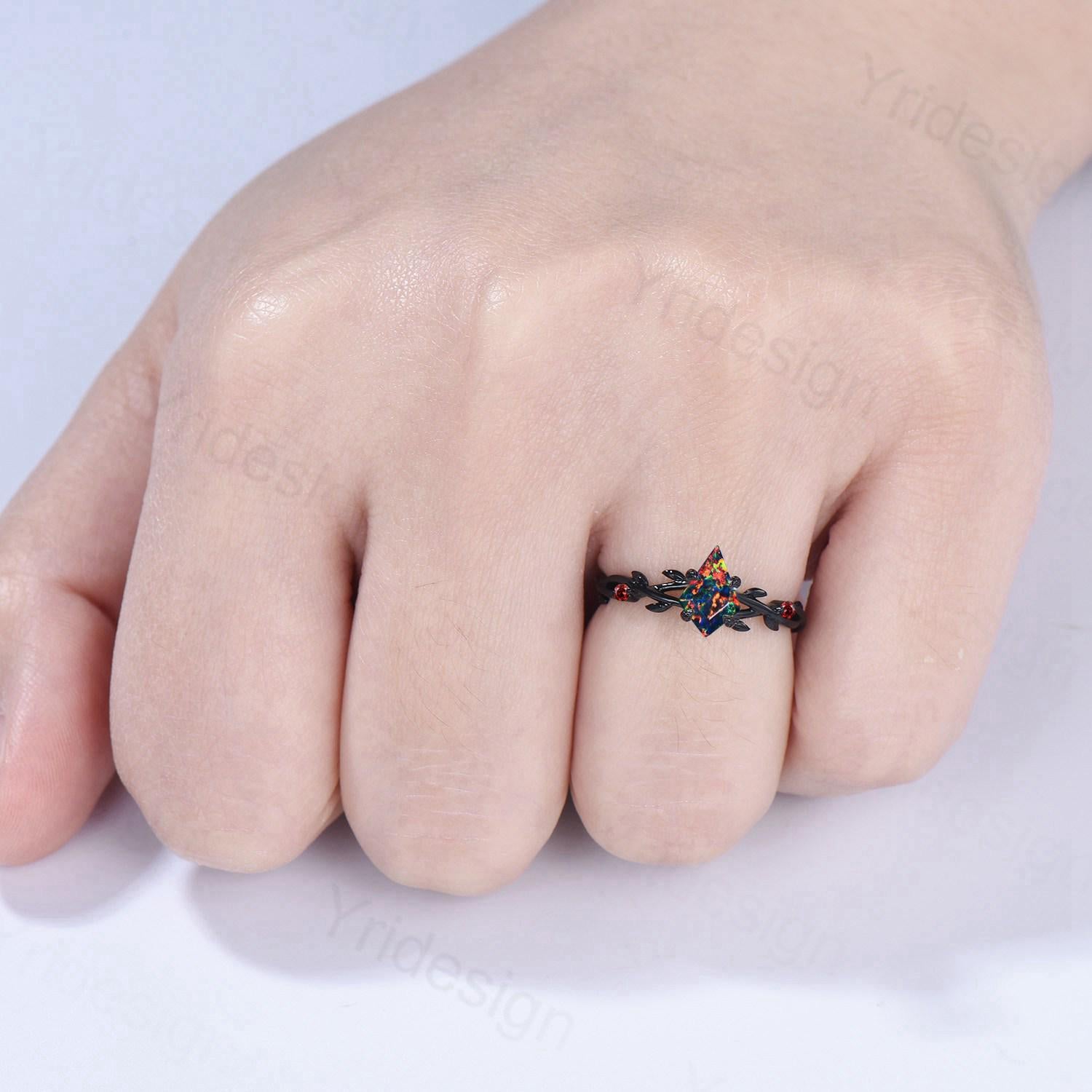 Black Gold Fire Opal Promise Ring - Nature Inspired Leaf Branch Design with Black Opal & Garnet - Gothic Engagement Ring, Wedding Band, Anniversary Gift for Her - Perfect for Boho, Vintage & Alternative Jewelry Lovers