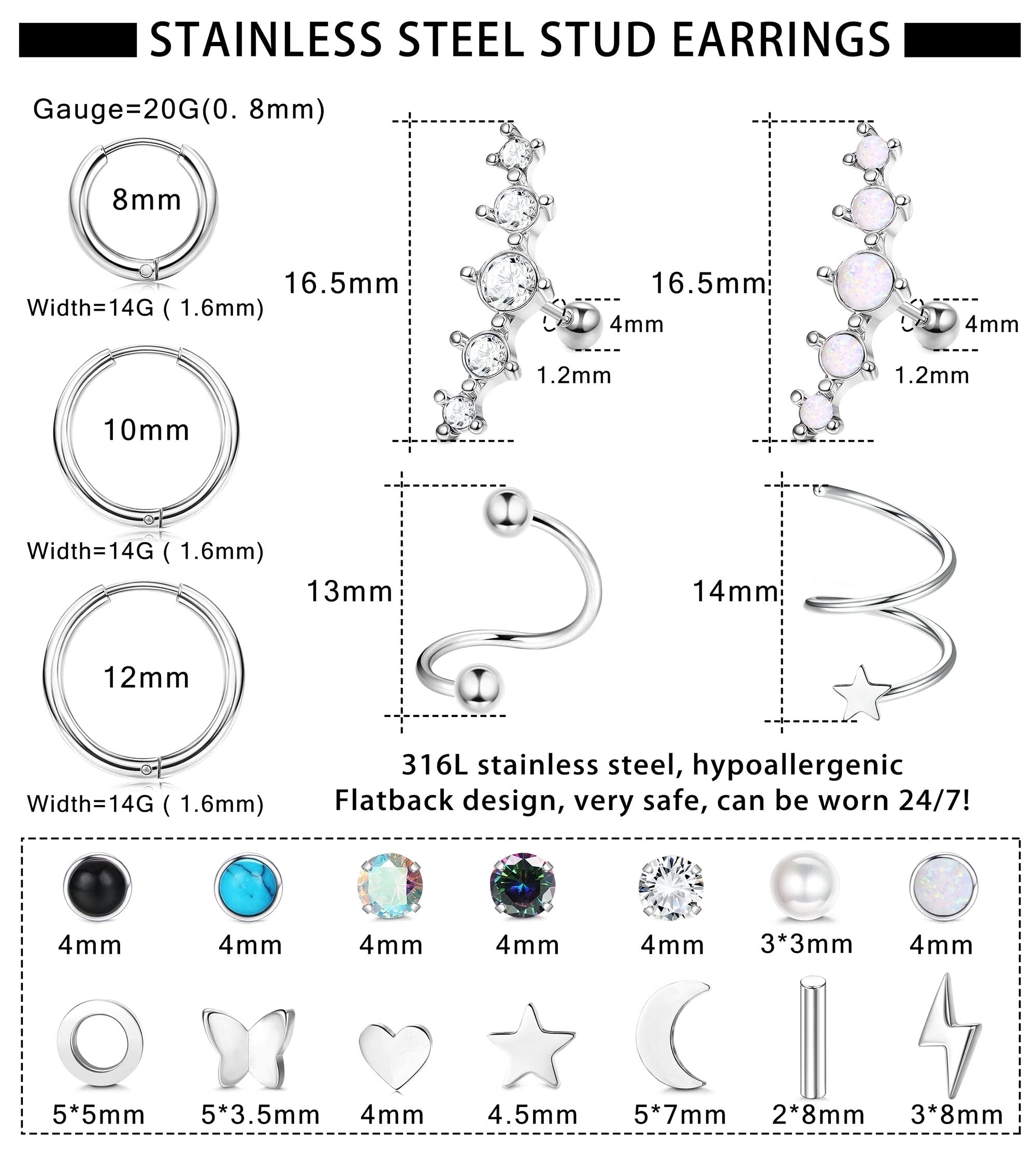 JeweBella 19 Pairs Hypoallergenic Surgical Steel Earrings - Flat Back Studs, Hoops & Cartilage Sleepers for Women & Men | Opal & Zirconia Small Earring Set for Multiple Piercings | Perfect for Daily Wear, Gifts & Piercing Stacks