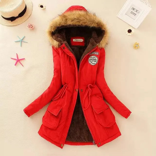 Women's Cotton Padded Jacket - Slim Fit Embroidered Hooded Parka for Autumn & Winter | Warm Quilted Overcoat for Casual Wear & Outdoor Activities