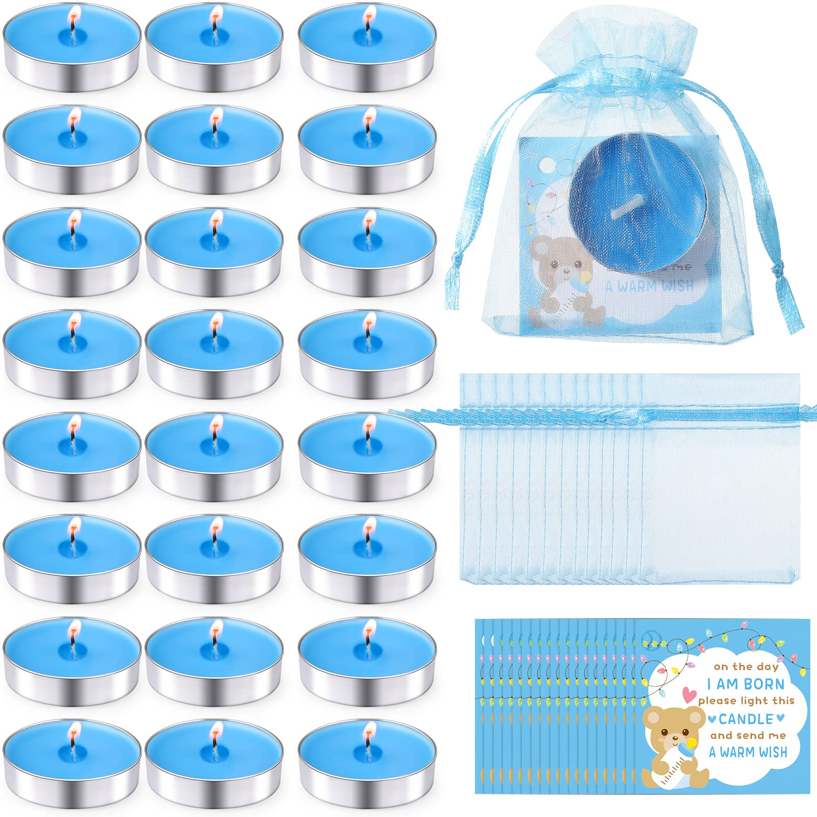 LEIFIDE 50 Sets Baby Shower Favors - Tea Light Candles for Guests, Gender Reveal Party Supplies with Thank You Cards & Mesh Gift Bags - Perfect for Baby Showers, Gender Reveal Parties & Newborn Celebrations