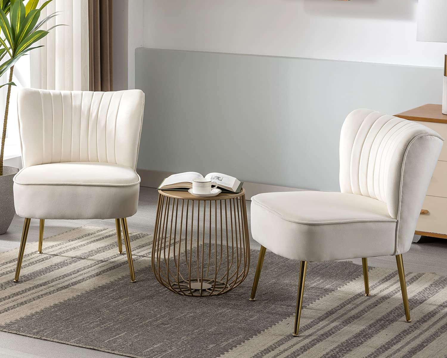 KCC Modern Velvet Upholstered Accent Chair Set of 2 - Mid Century Living Room Chairs with Golden Metal Legs, Comfortable Armless Wingback Side Chairs for Bedroom, Office or Lounge (Beige) - Perfect for Small Spaces, Reading Nooks and Guest Seating