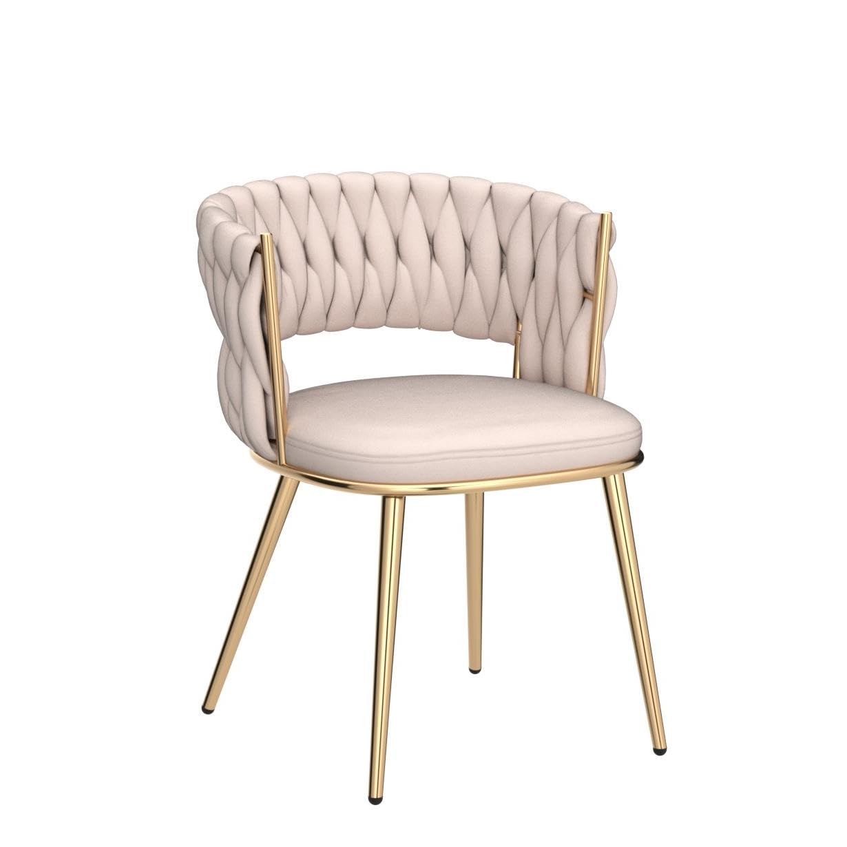 KCC Modern Velvet Dining Chairs Set of 2 - Mid-Century Upholstered Living Room Chairs with Woven Back & Gold Metal Legs - Beige Accent Side Chairs for Dining Room, Kitchen, Office & Home Decor