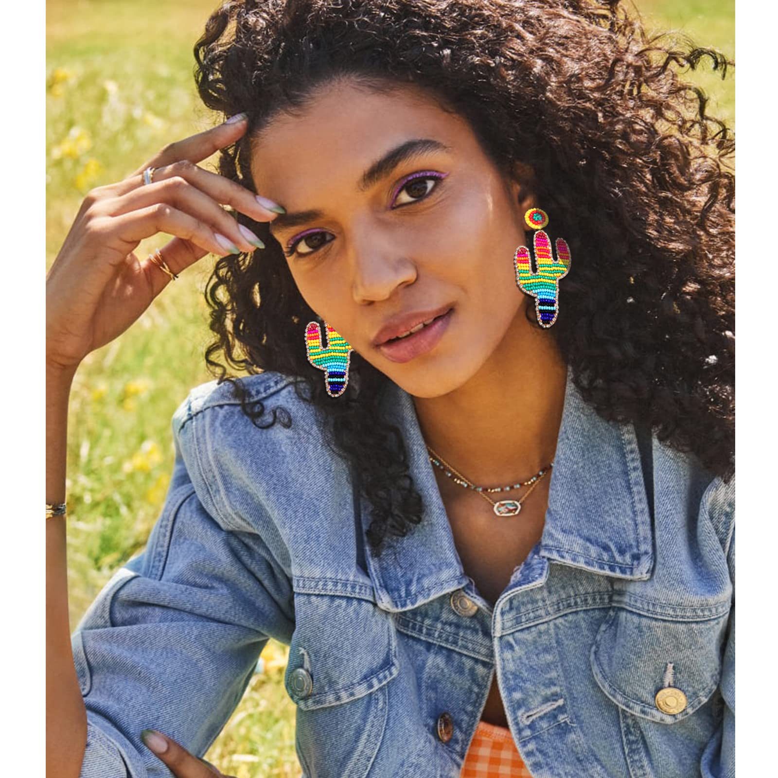 Boho Beaded Cactus Drop Earrings for Women - Rhinestone Rainbow Dangle Earrings, Handmade Jewelry for Girls | Perfect for Festivals, Parties & Boho Fashion